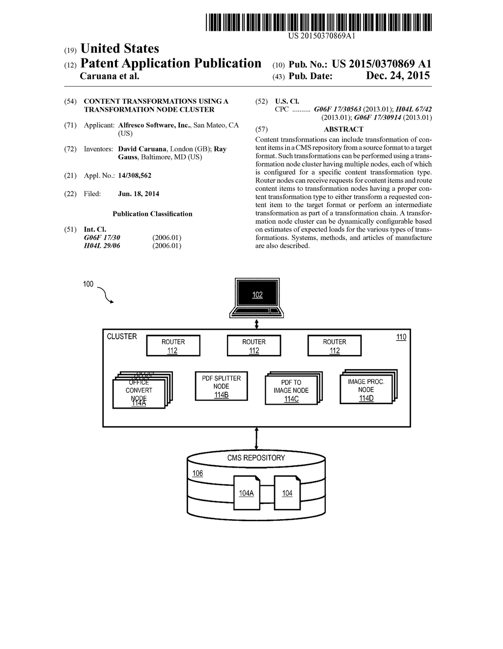 CONTENT TRANSFORMATIONS USING A TRANSFORMATION NODE CLUSTER - diagram, schematic, and image 01