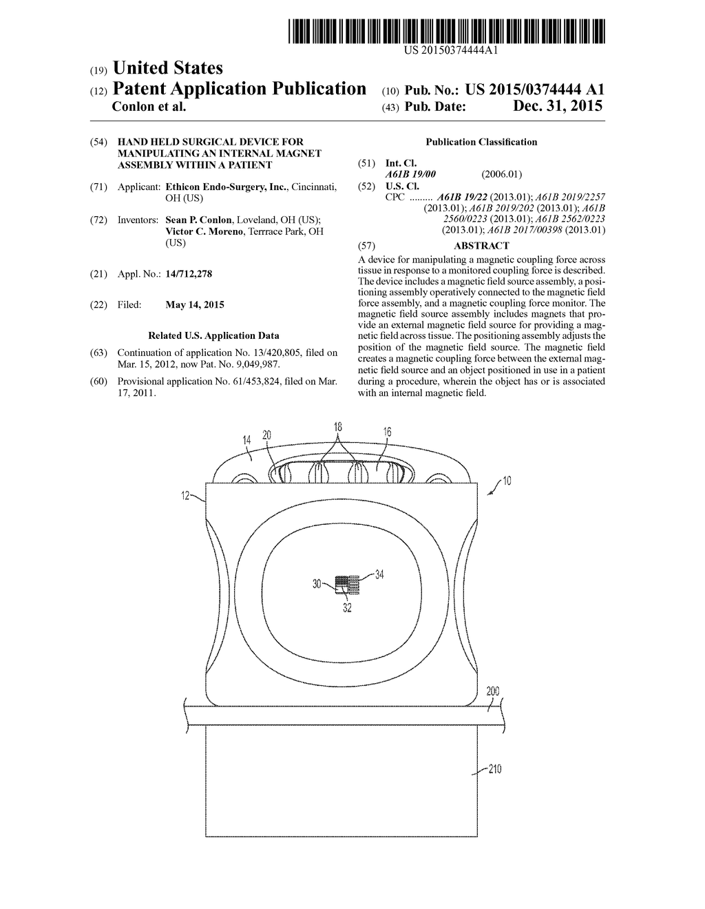 HAND HELD SURGICAL DEVICE FOR MANIPULATING AN INTERNAL MAGNET ASSEMBLY     WITHIN A PATIENT - diagram, schematic, and image 01