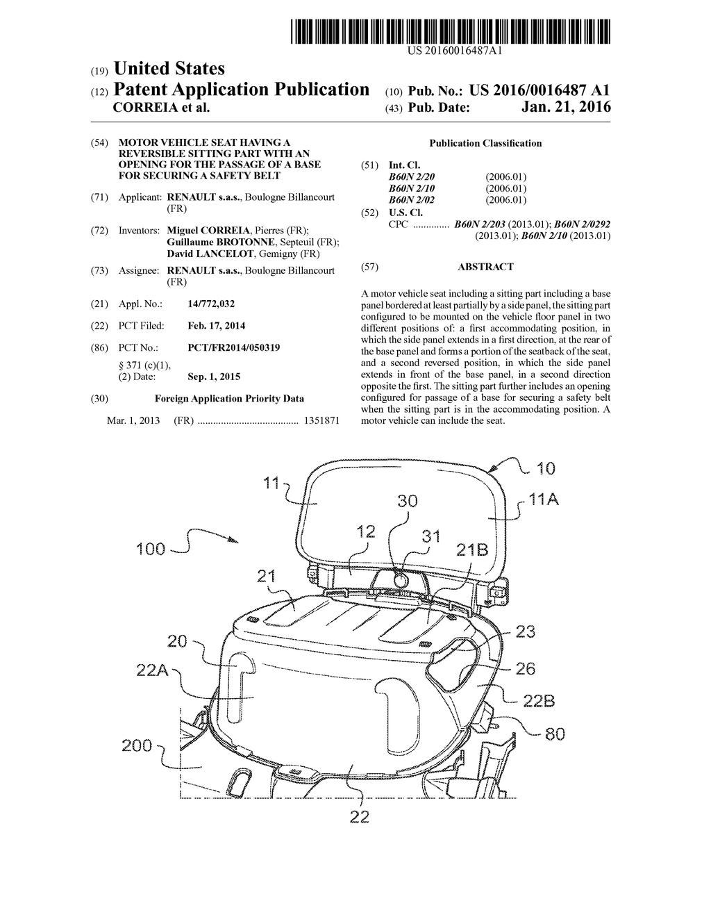 MOTOR VEHICLE SEAT HAVING A REVERSIBLE SITTING PART WITH AN OPENING FOR     THE PASSAGE OF A BASE FOR SECURING A SAFETY BELT - diagram, schematic, and image 01