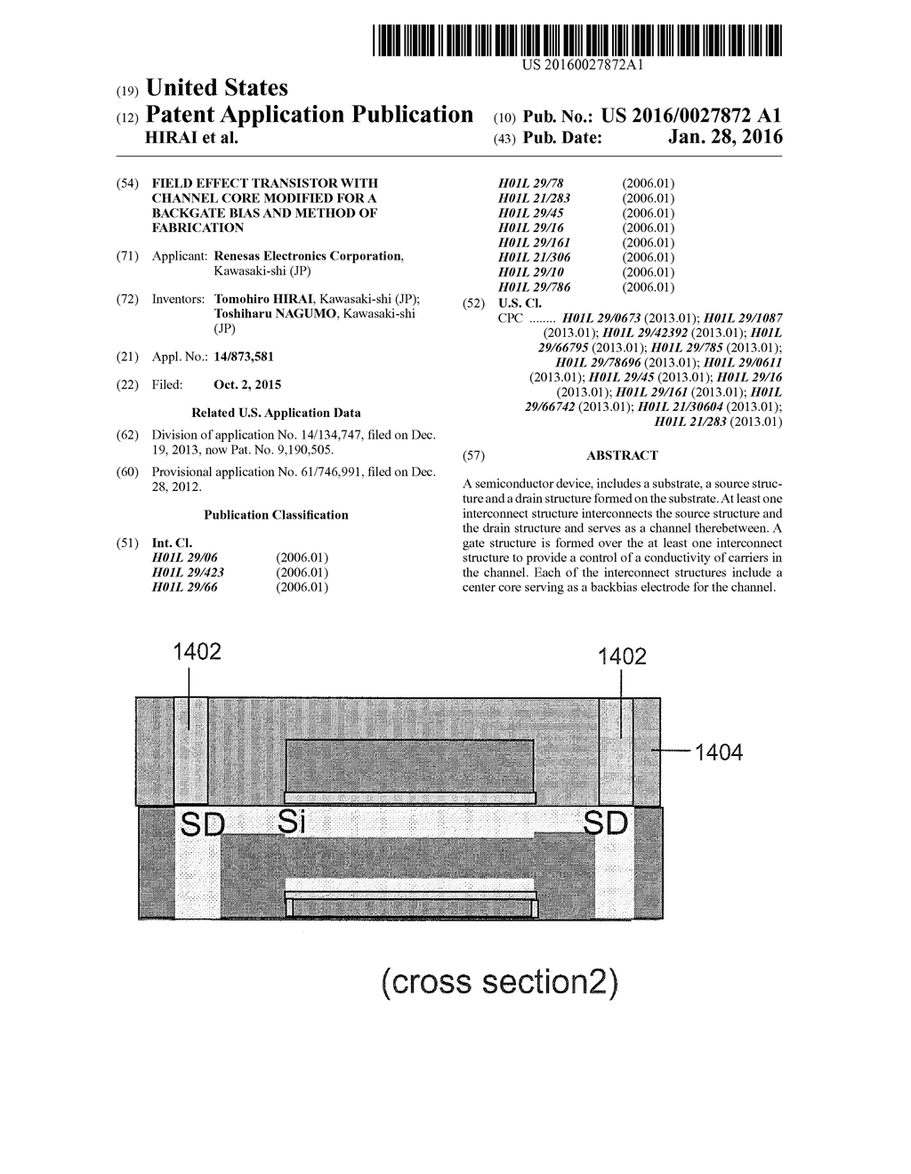 FIELD EFFECT TRANSISTOR WITH CHANNEL CORE MODIFIED FOR A BACKGATE BIAS AND     METHOD OF FABRICATION - diagram, schematic, and image 01