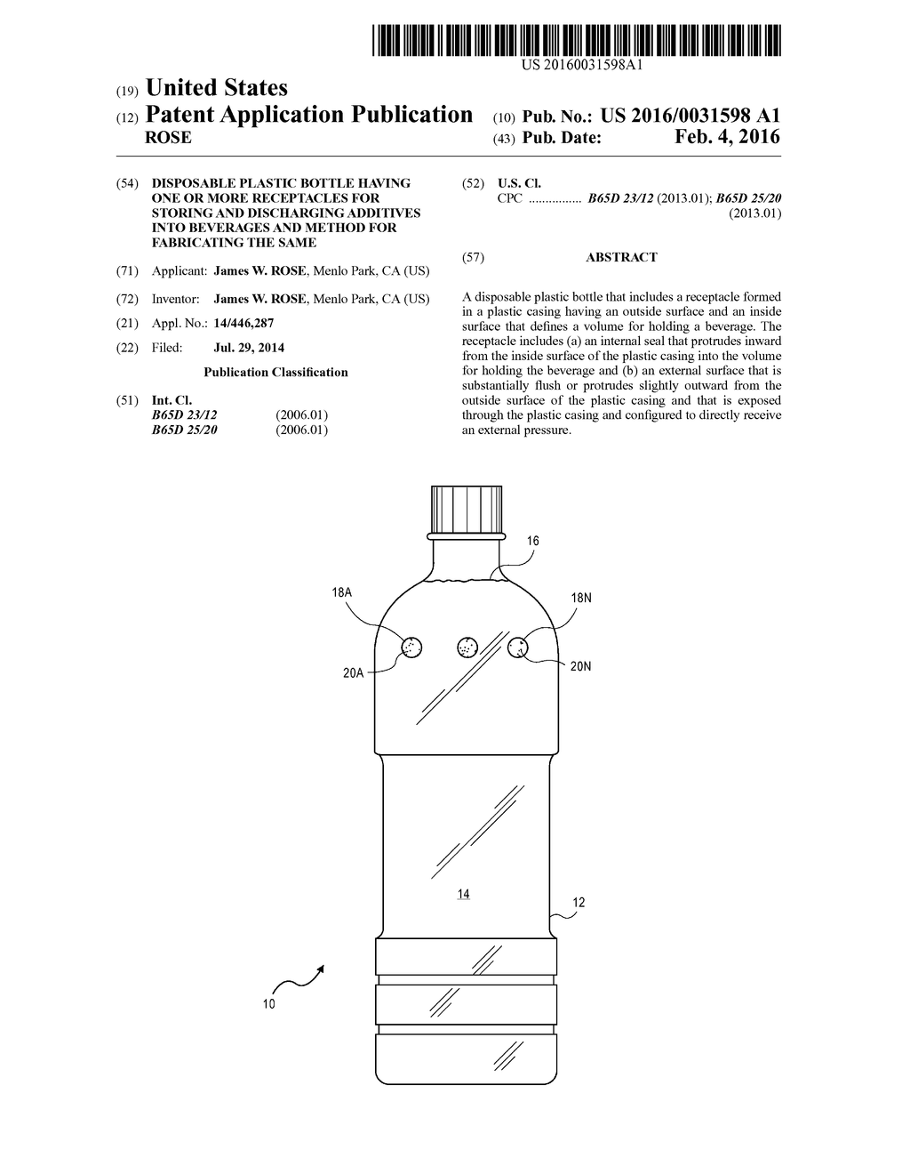 DISPOSABLE PLASTIC BOTTLE HAVING ONE OR MORE RECEPTACLES FOR STORING AND     DISCHARGING ADDITIVES INTO BEVERAGES AND METHOD FOR FABRICATING THE SAME - diagram, schematic, and image 01