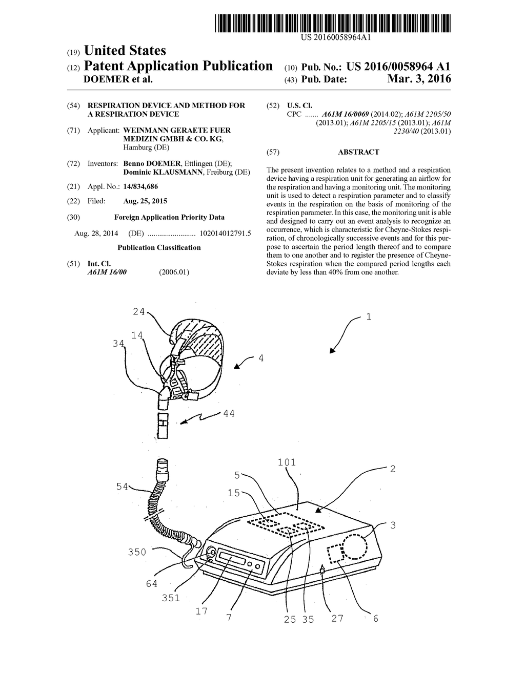 RESPIRATION DEVICE AND METHOD FOR A RESPIRATION DEVICE - diagram, schematic, and image 01