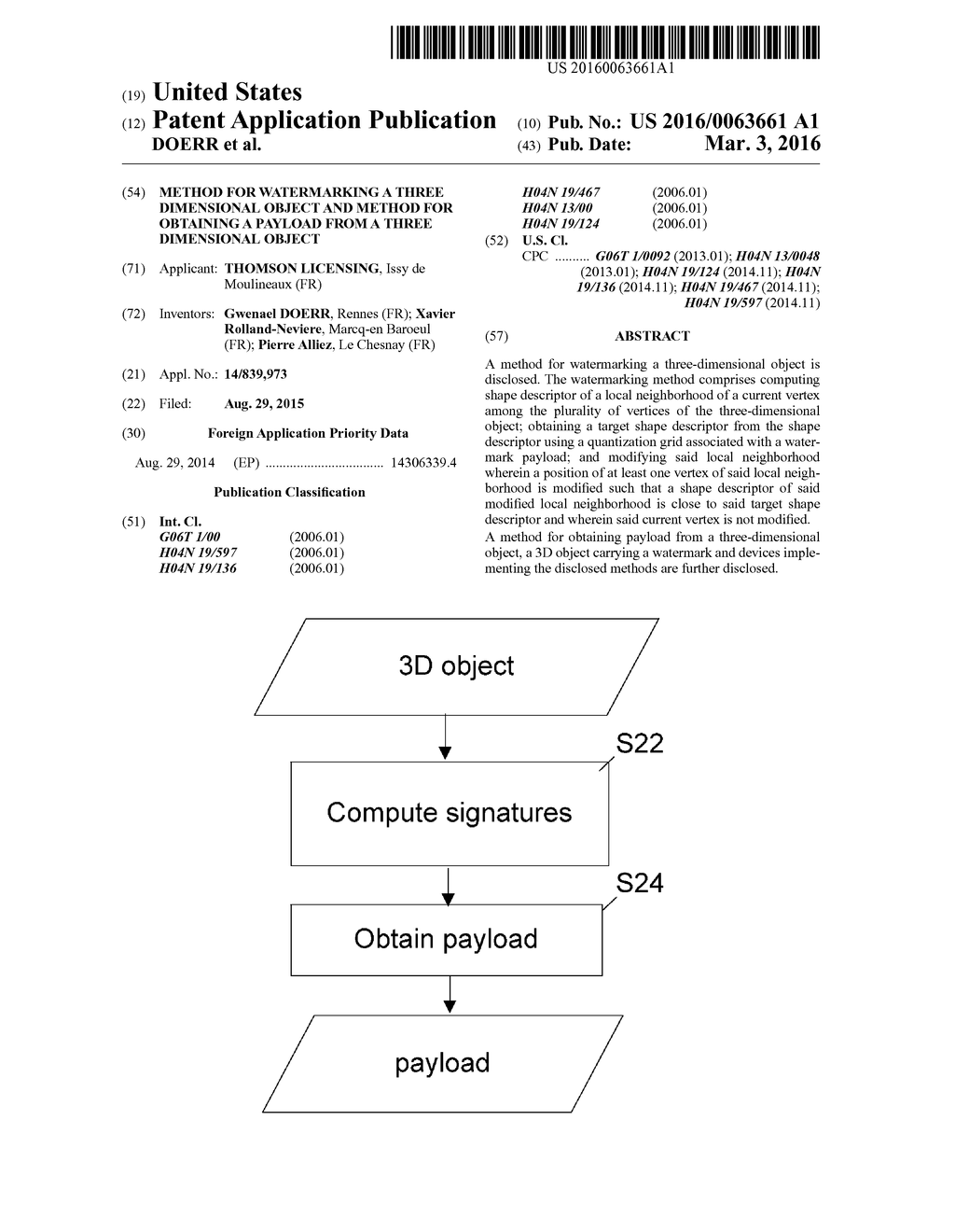 METHOD FOR WATERMARKING A THREE DIMENSIONAL OBJECT AND METHOD FOR     OBTAINING A PAYLOAD FROM A THREE DIMENSIONAL OBJECT - diagram, schematic, and image 01