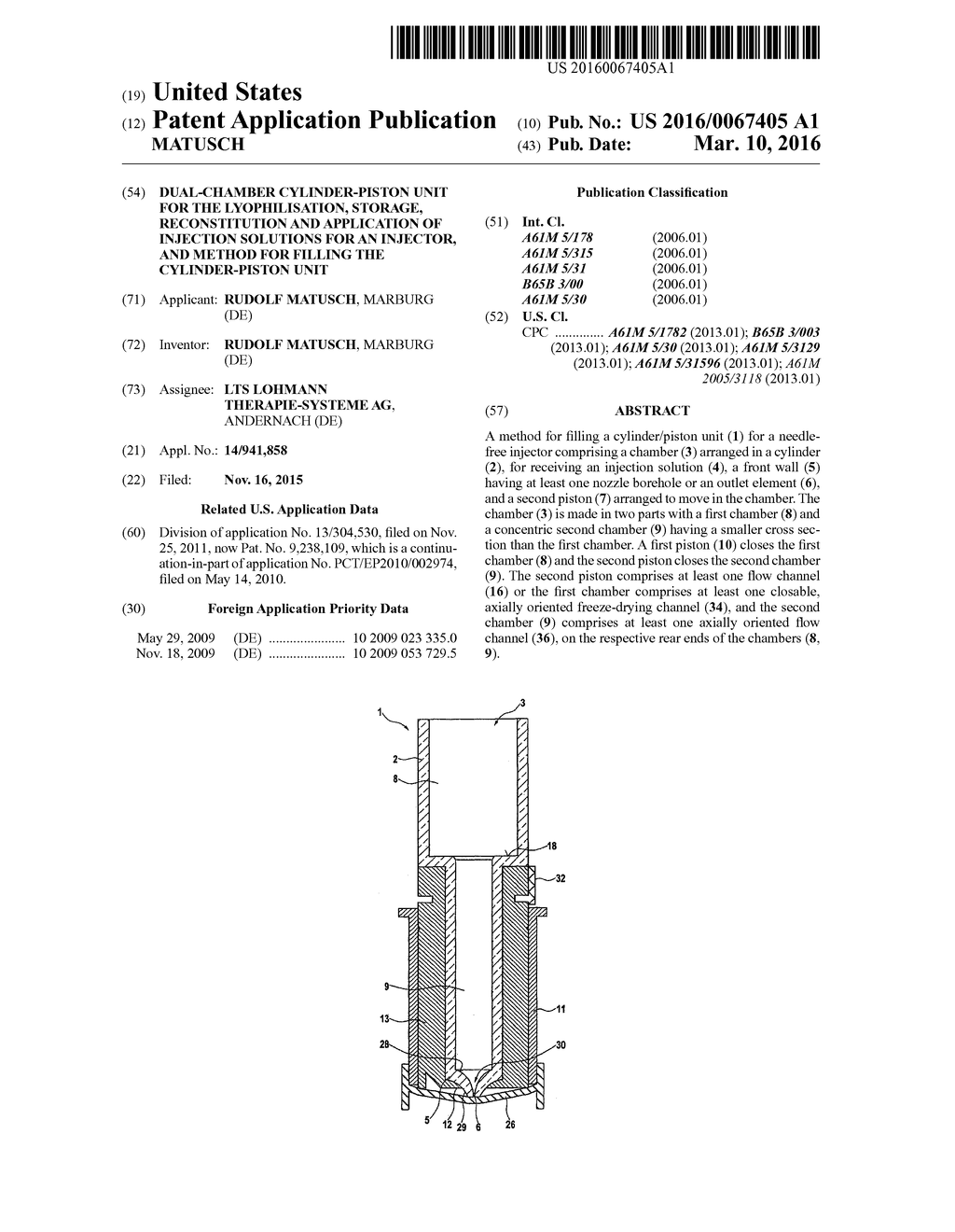 DUAL-CHAMBER CYLINDER-PISTON UNIT FOR THE LYOPHILISATION, STORAGE,     RECONSTITUTION AND APPLICATION OF INJECTION SOLUTIONS FOR AN INJECTOR,     AND METHOD FOR FILLING THE CYLINDER-PISTON UNIT - diagram, schematic, and image 01