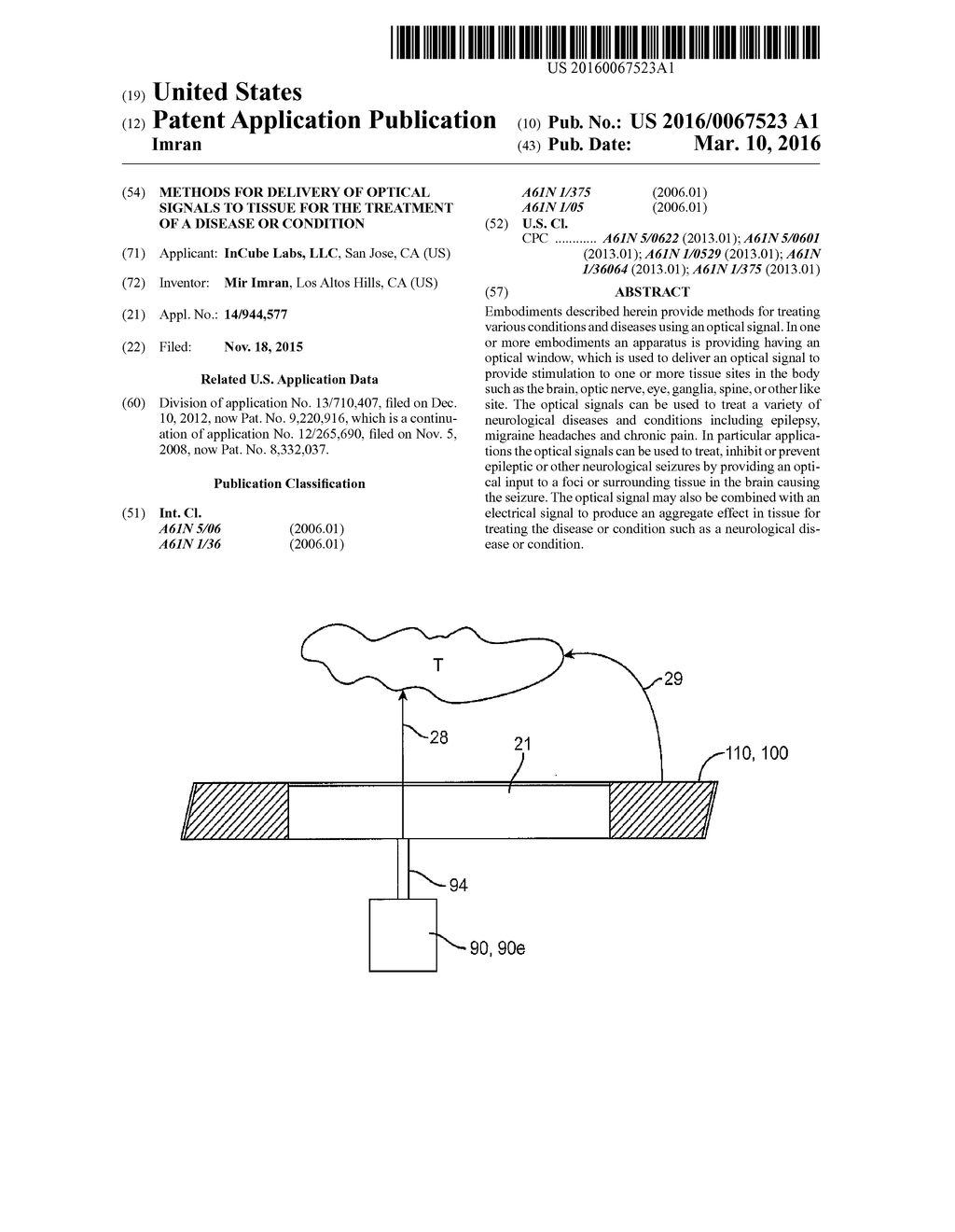 METHODS FOR DELIVERY OF OPTICAL SIGNALS TO TISSUE FOR THE TREATMENT OF A     DISEASE OR CONDITION - diagram, schematic, and image 01