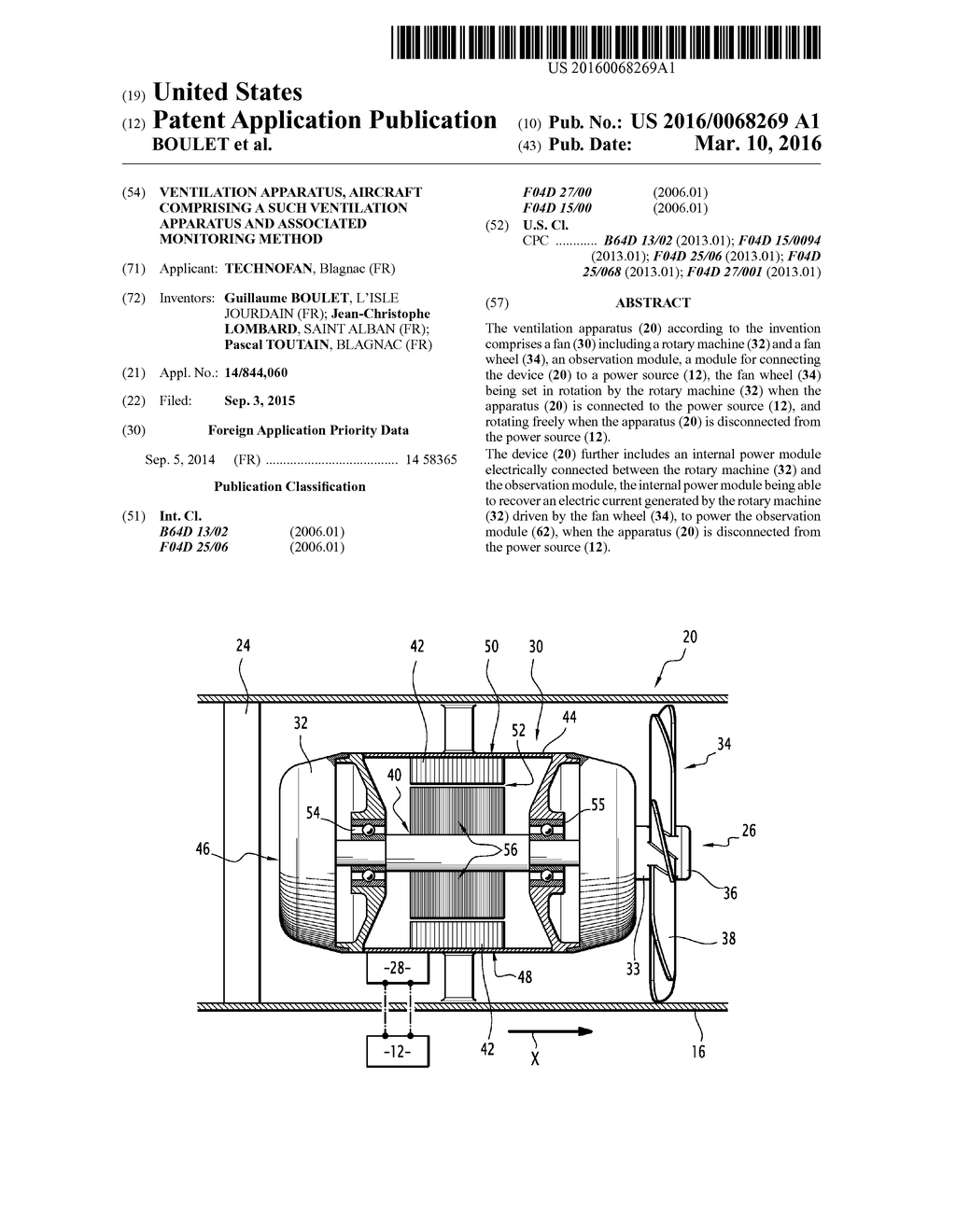 Ventilation Apparatus, Aircraft Comprising a Such Ventilation Apparatus     and Associated Monitoring Method - diagram, schematic, and image 01