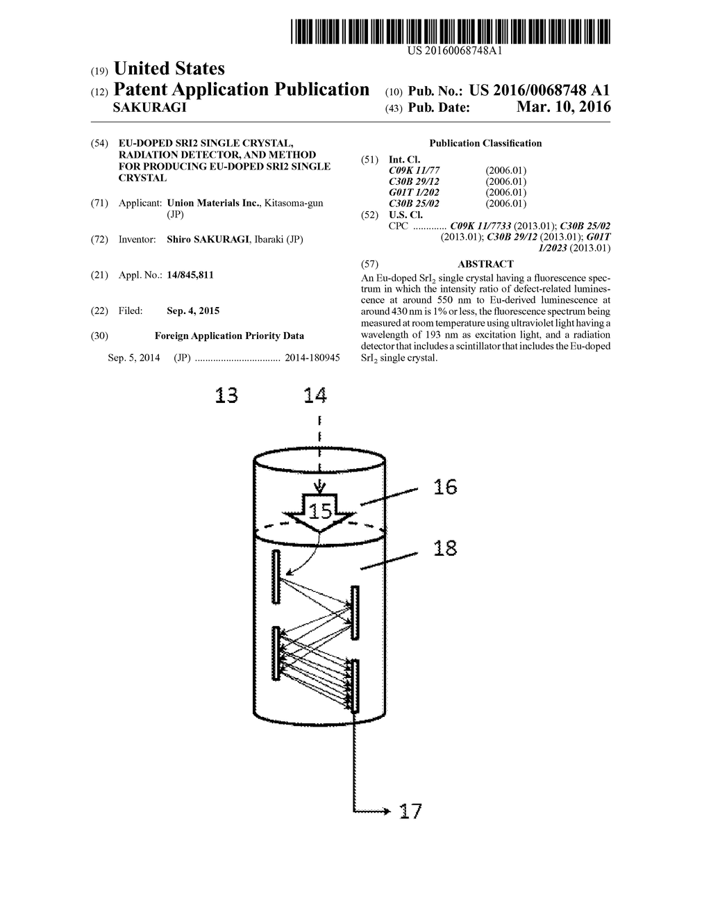 EU-DOPED SRI2 SINGLE CRYSTAL, RADIATION DETECTOR, AND METHOD FOR PRODUCING     EU-DOPED SRI2 SINGLE CRYSTAL - diagram, schematic, and image 01