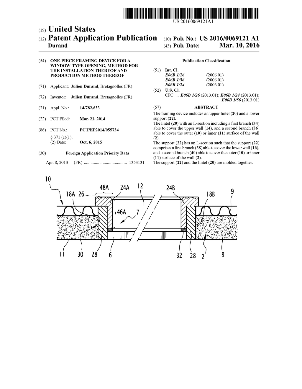 One-piece framing device for a window-type opening, method for the     installation thereof and production method thereof - diagram, schematic, and image 01