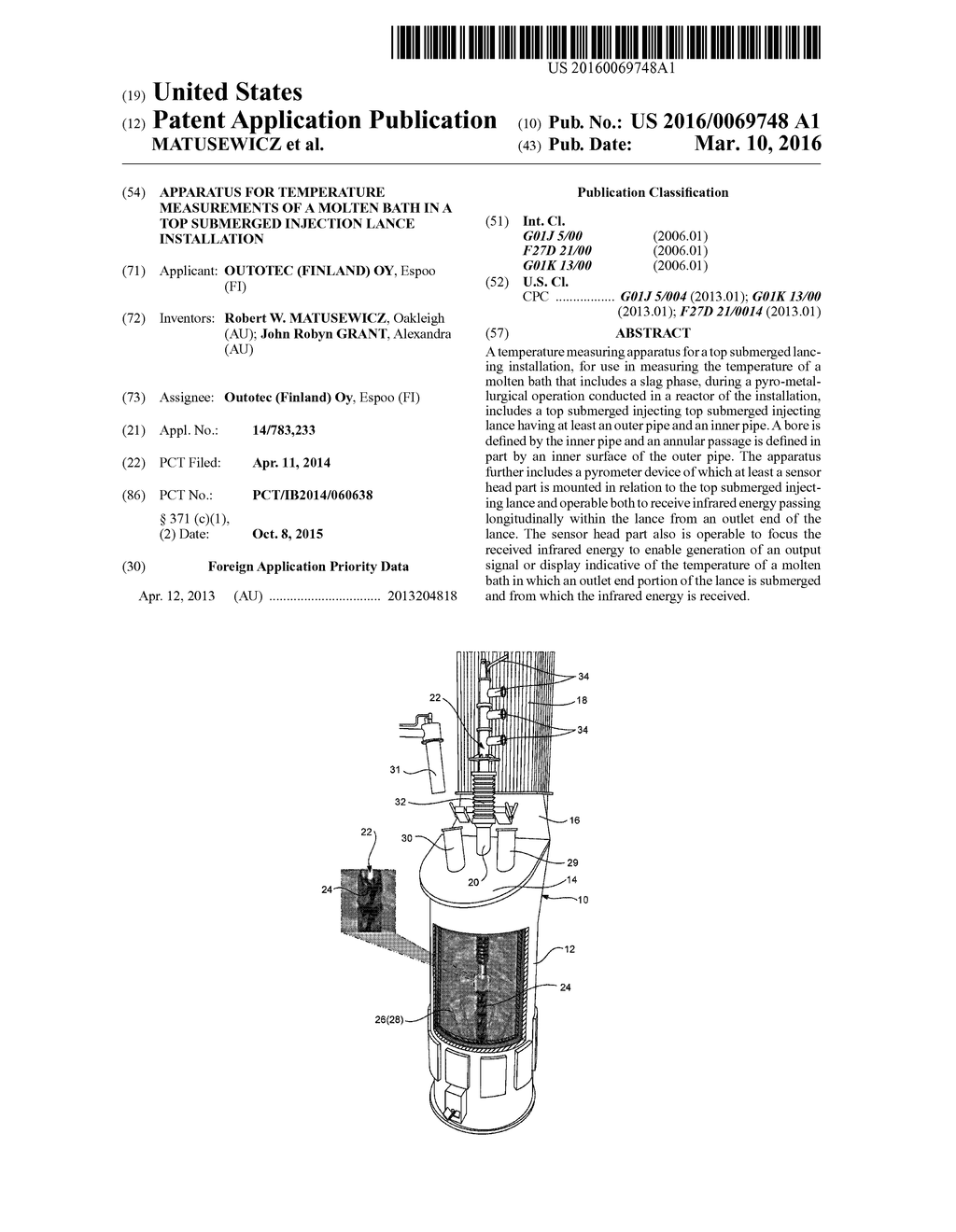 APPARATUS FOR TEMPERATURE MEASUREMENTS OF A MOLTEN BATH IN A TOP SUBMERGED     INJECTION LANCE INSTALLATION - diagram, schematic, and image 01