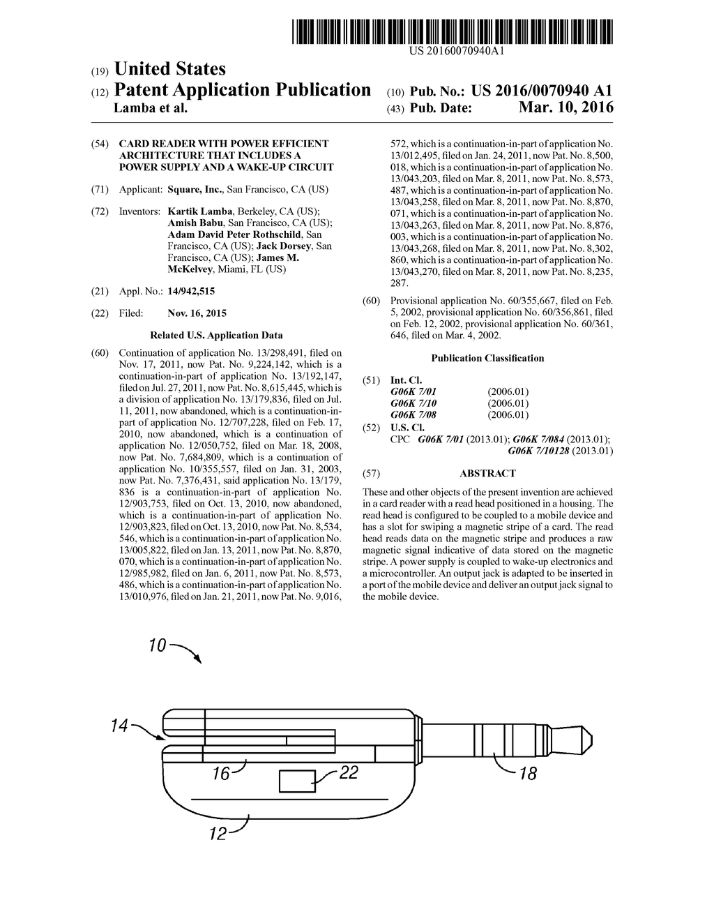 CARD READER WITH POWER EFFICIENT ARCHITECTURE THAT INCLUDES A POWER SUPPLY     AND A WAKE-UP CIRCUIT - diagram, schematic, and image 01