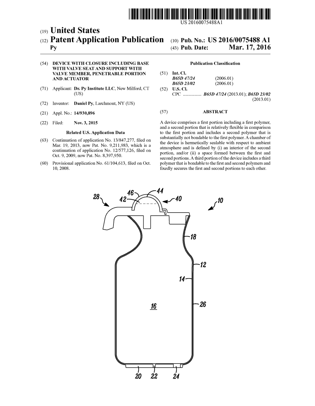 DEVICE WITH CLOSURE INCLUDING BASE WITH VALVE SEAT AND SUPPORT WITH VALVE     MEMBER, PENETRABLE PORTION AND ACTUATOR - diagram, schematic, and image 01