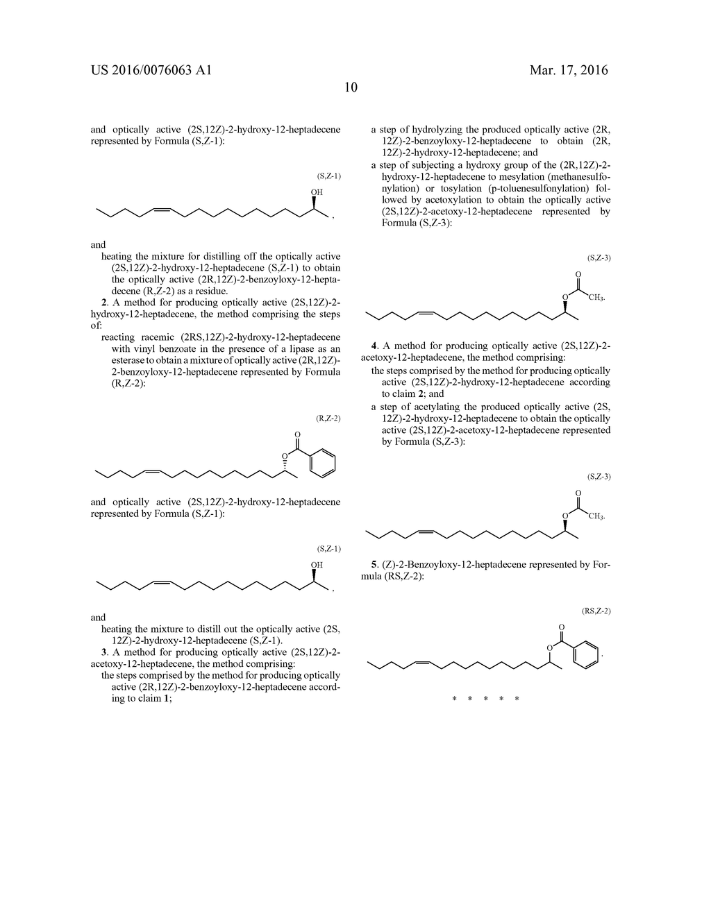 Method for Producing (Z)-2-Benzoyloxy-12-Heptadecene and     (2S,12Z)-2-Hydroxy-12-Heptadecene and Method for Producing     (2S,12Z)-2-Acetoxy-12-Heptadecene - diagram, schematic, and image 11