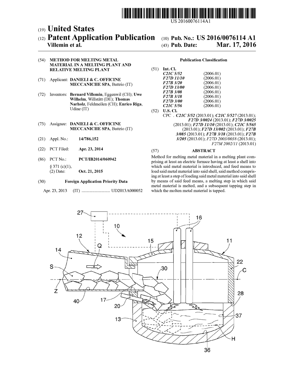 Method for Melting Metal Material in a Melting Plant and Relative Melting     Plant - diagram, schematic, and image 01