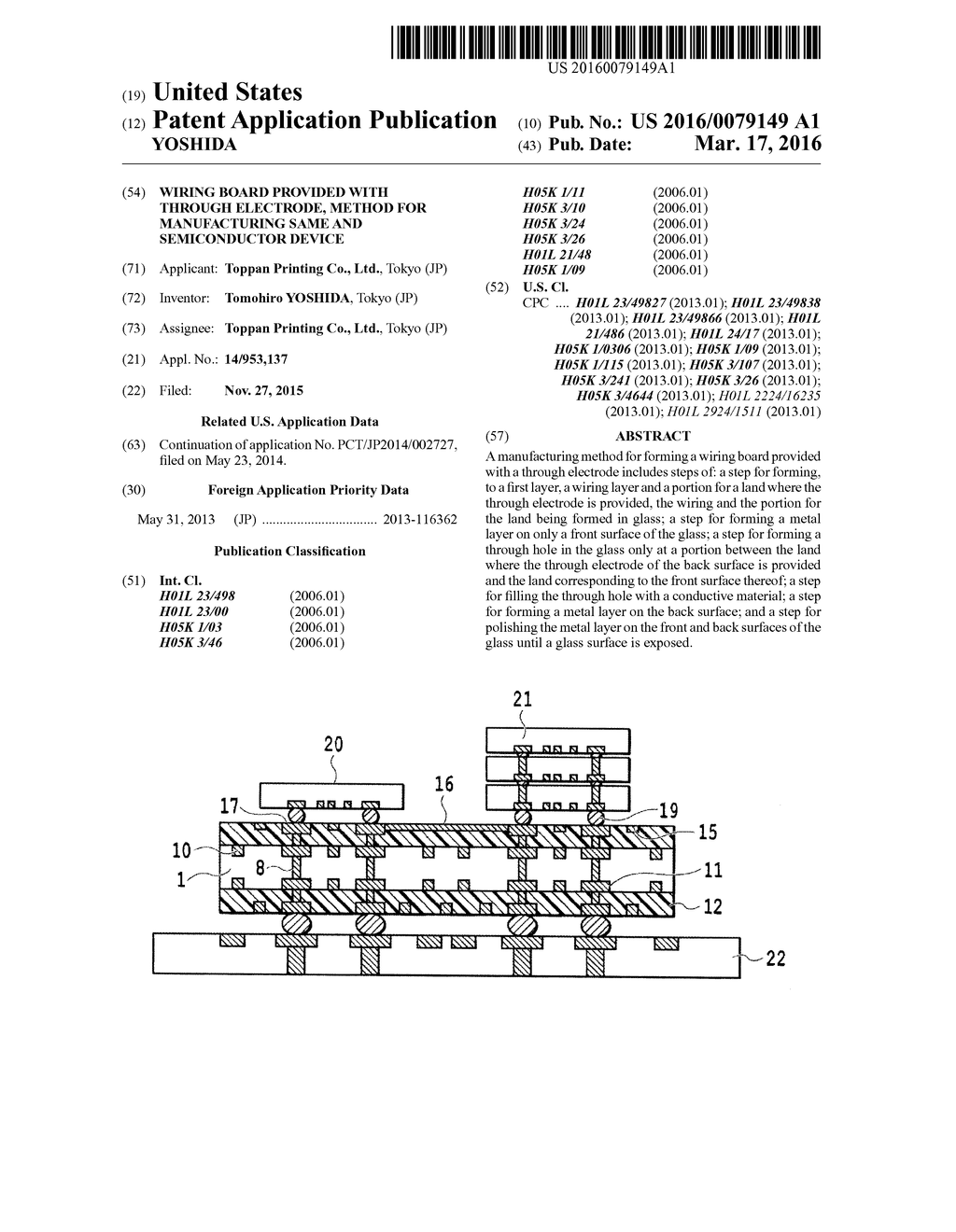 WIRING BOARD PROVIDED WITH THROUGH ELECTRODE, METHOD FOR MANUFACTURING     SAME AND SEMICONDUCTOR DEVICE - diagram, schematic, and image 01