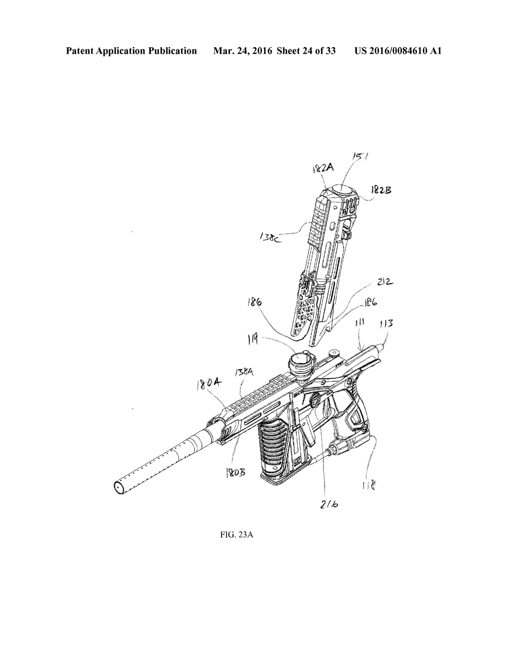 CONVERSION KIT WITH A RAIL SYSTEM FOR A PAINTBALL MARKER HAVING A HINGED     PORTION - diagram, schematic, and image 25