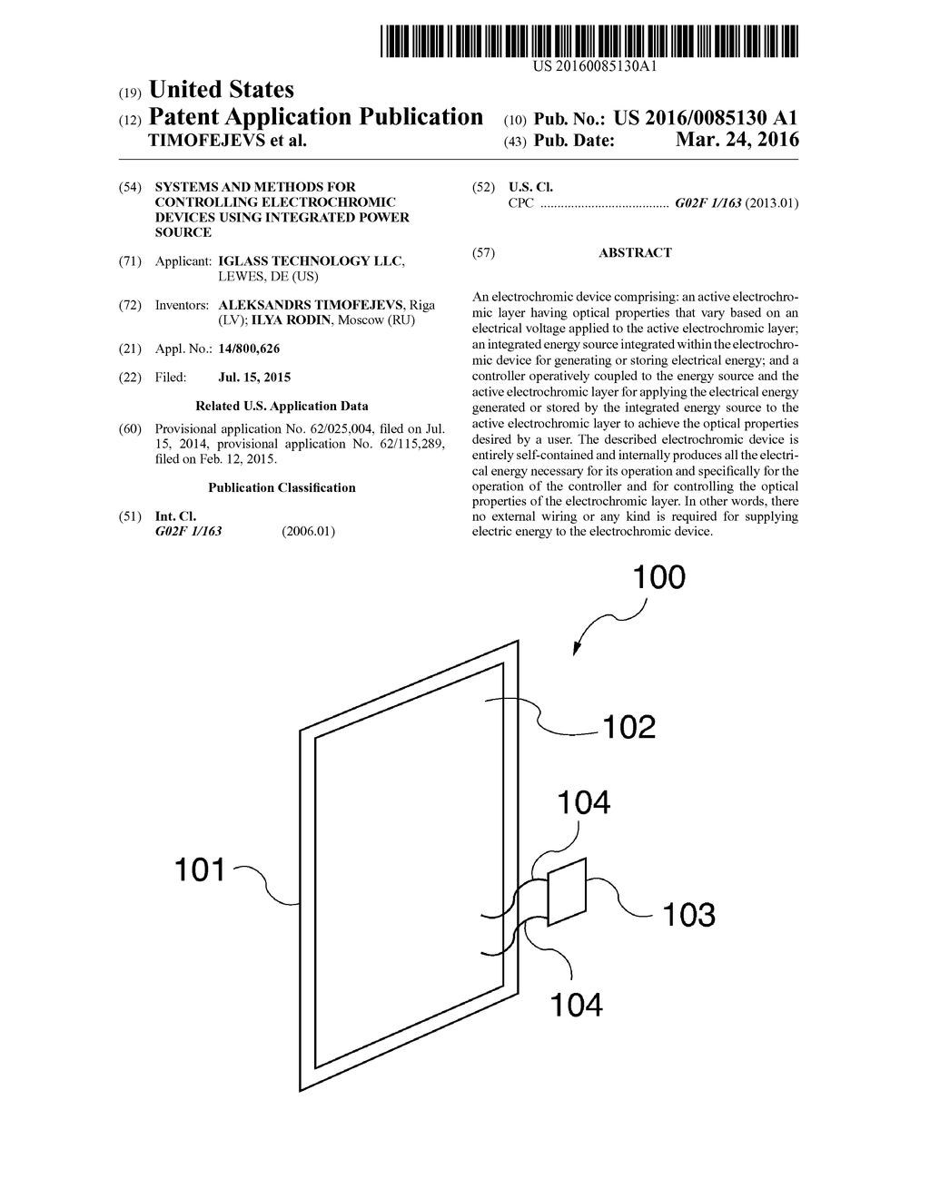 SYSTEMS AND METHODS FOR CONTROLLING ELECTROCHROMIC DEVICES USING     INTEGRATED POWER SOURCE - diagram, schematic, and image 01