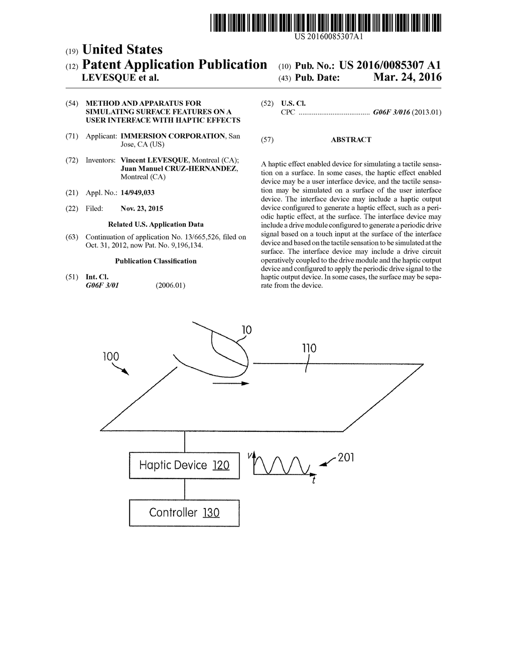 METHOD AND APPARATUS FOR SIMULATING SURFACE FEATURES ON A USER INTERFACE     WITH HAPTIC EFFECTS - diagram, schematic, and image 01