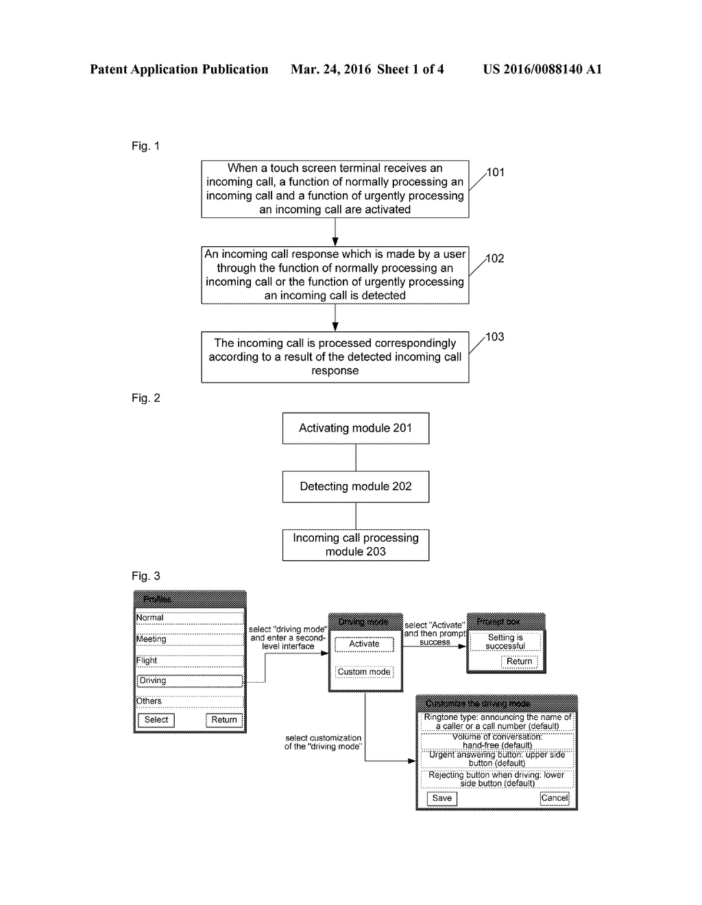 Method, device and touch screen terminal for processing incoming calls     when driving - diagram, schematic, and image 02