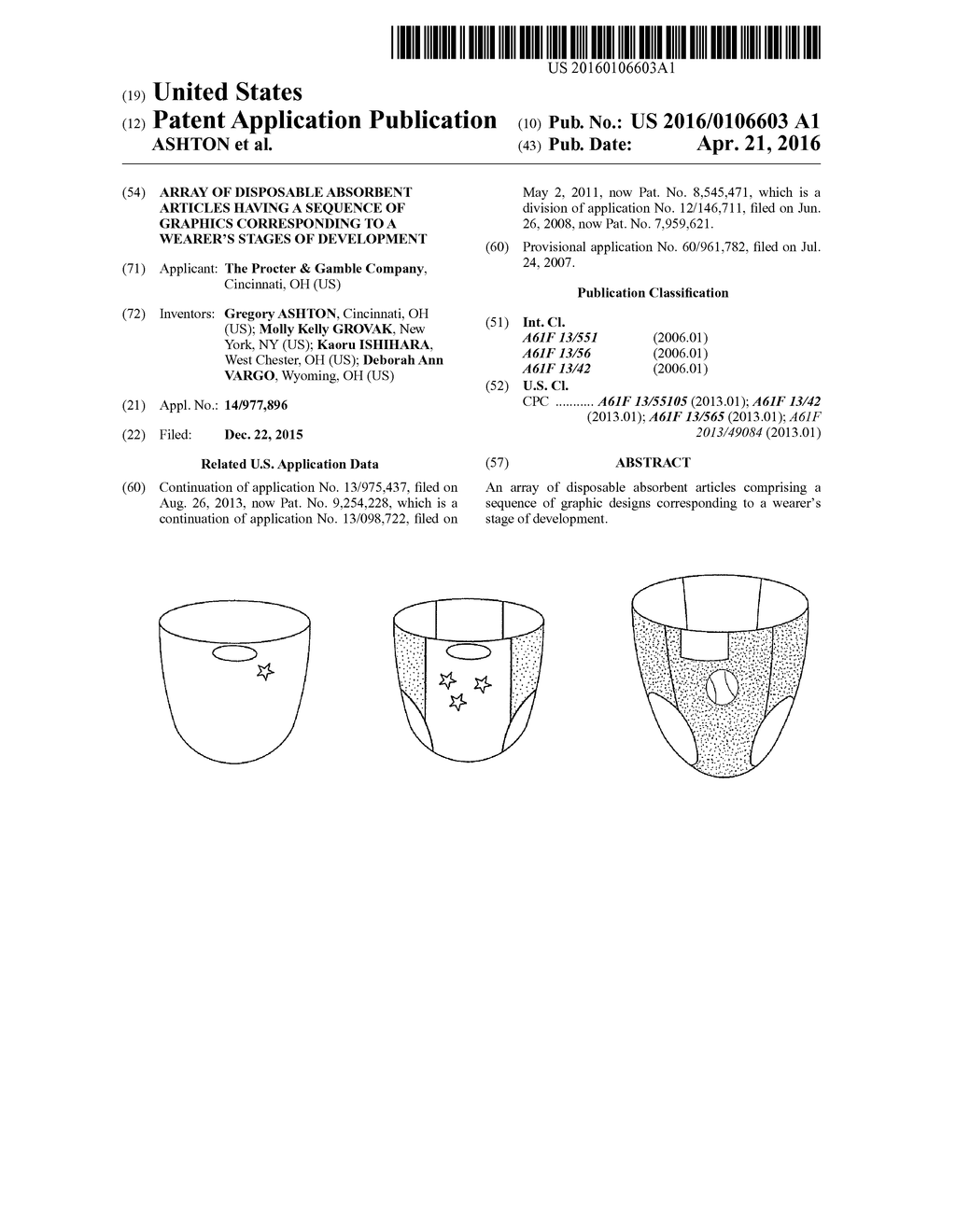 ARRAY OF DISPOSABLE ABSORBENT ARTICLES HAVING A SEQUENCE OF GRAPHICS     CORRESPONDING TO A WEARER'S STAGES OF DEVELOPMENT - diagram, schematic, and image 01