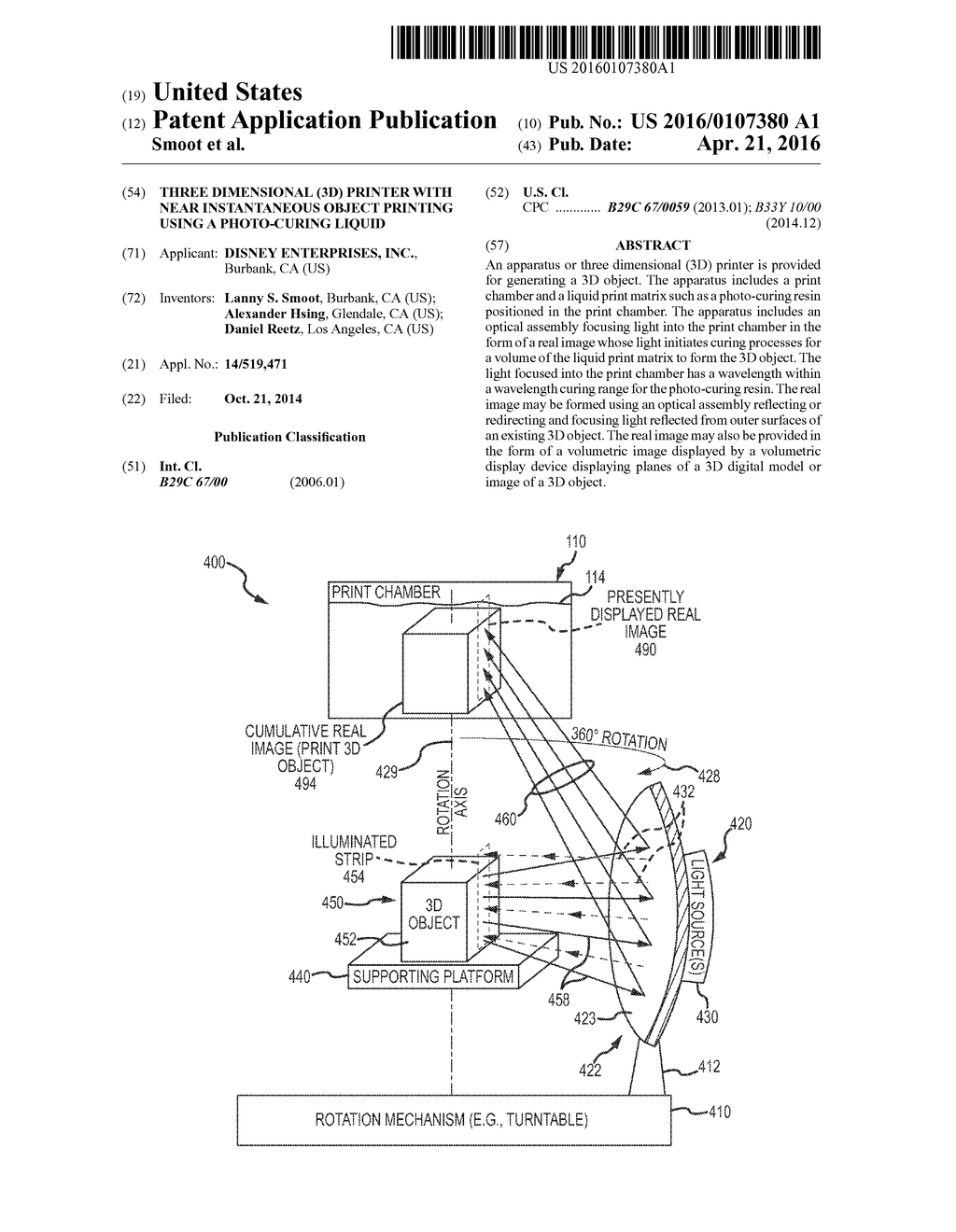 THREE DIMENSIONAL (3D) PRINTER WITH NEAR INSTANTANEOUS OBJECT PRINTING     USING A PHOTO-CURING LIQUID - diagram, schematic, and image 01