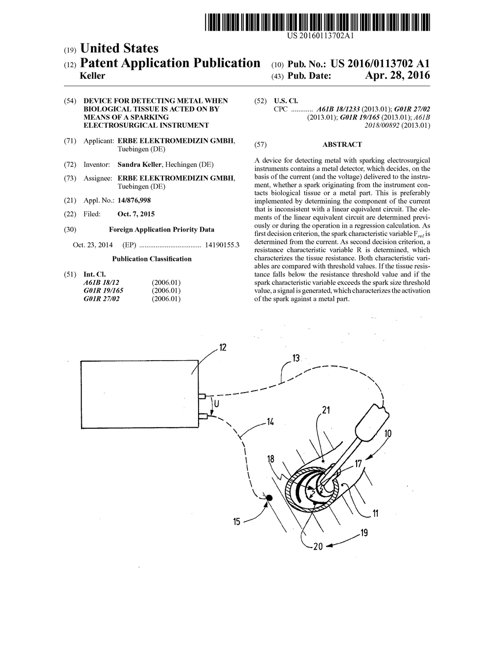 DEVICE FOR DETECTING METAL WHEN BIOLOGICAL TISSUE IS ACTED ON BY MEANS OF     A SPARKING ELECTROSURGICAL INSTRUMENT - diagram, schematic, and image 01