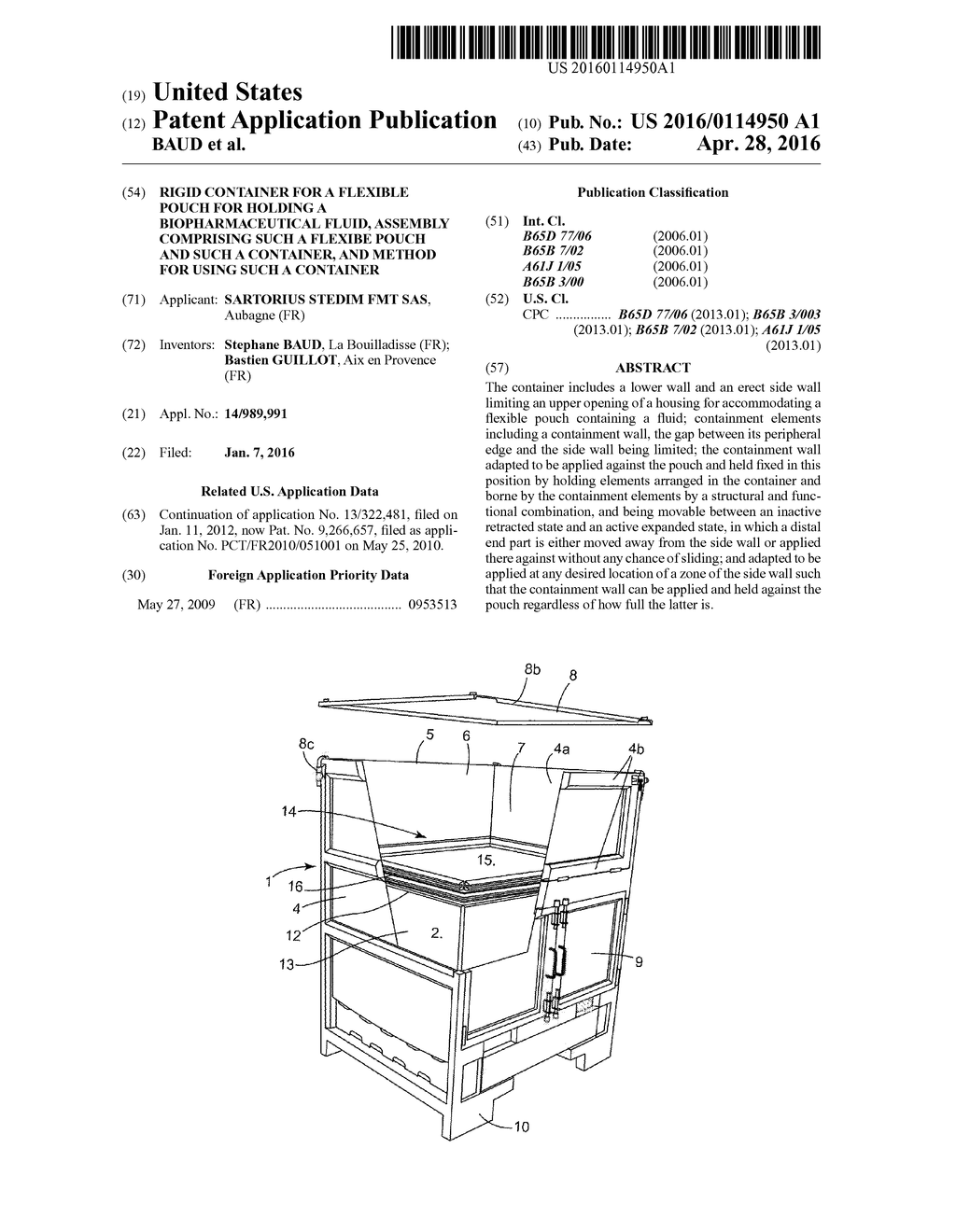 RIGID CONTAINER FOR A FLEXIBLE POUCH FOR HOLDING A BIOPHARMACEUTICAL     FLUID, ASSEMBLY COMPRISING SUCH A FLEXIBE POUCH AND SUCH A CONTAINER, AND     METHOD FOR USING SUCH A CONTAINER - diagram, schematic, and image 01