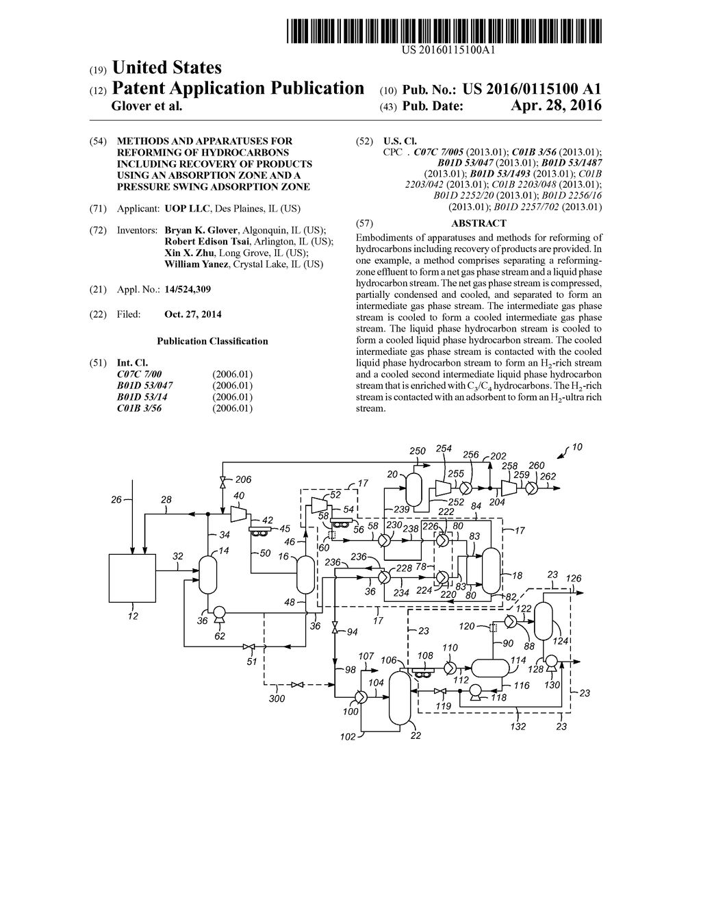 METHODS AND APPARATUSES FOR REFORMING OF HYDROCARBONS INCLUDING RECOVERY     OF PRODUCTS USING AN ABSORPTION ZONE AND A PRESSURE SWING ADSORPTION ZONE - diagram, schematic, and image 01