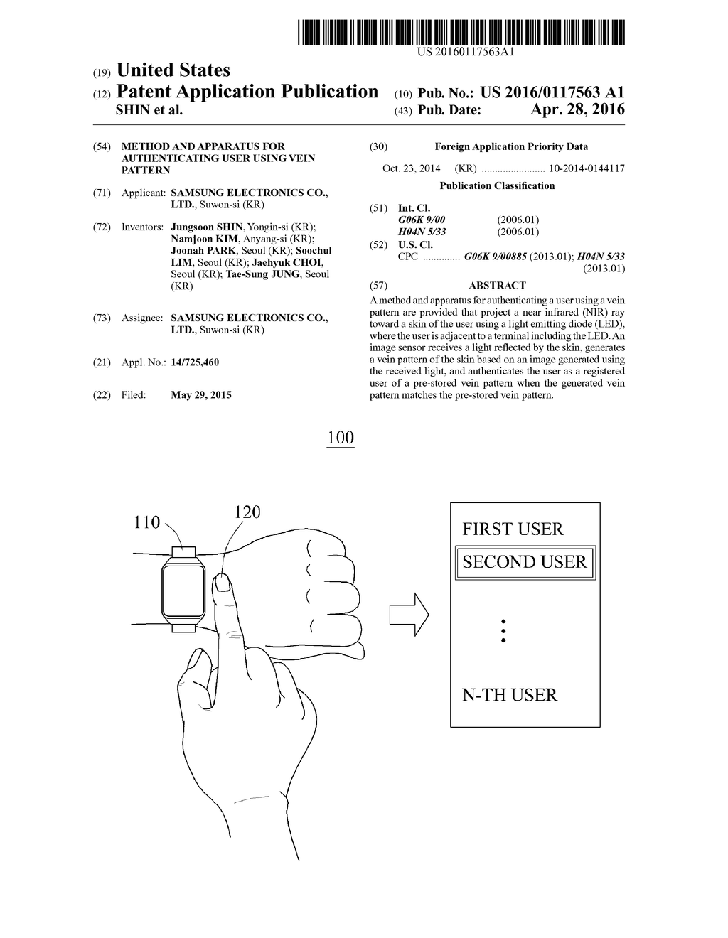 METHOD AND APPARATUS FOR AUTHENTICATING USER USING VEIN PATTERN - diagram, schematic, and image 01