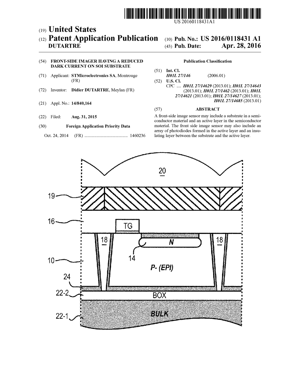 FRONT-SIDE IMAGER HAVING A REDUCED DARK CURRENT ON SOI SUBSTRATE - diagram, schematic, and image 01