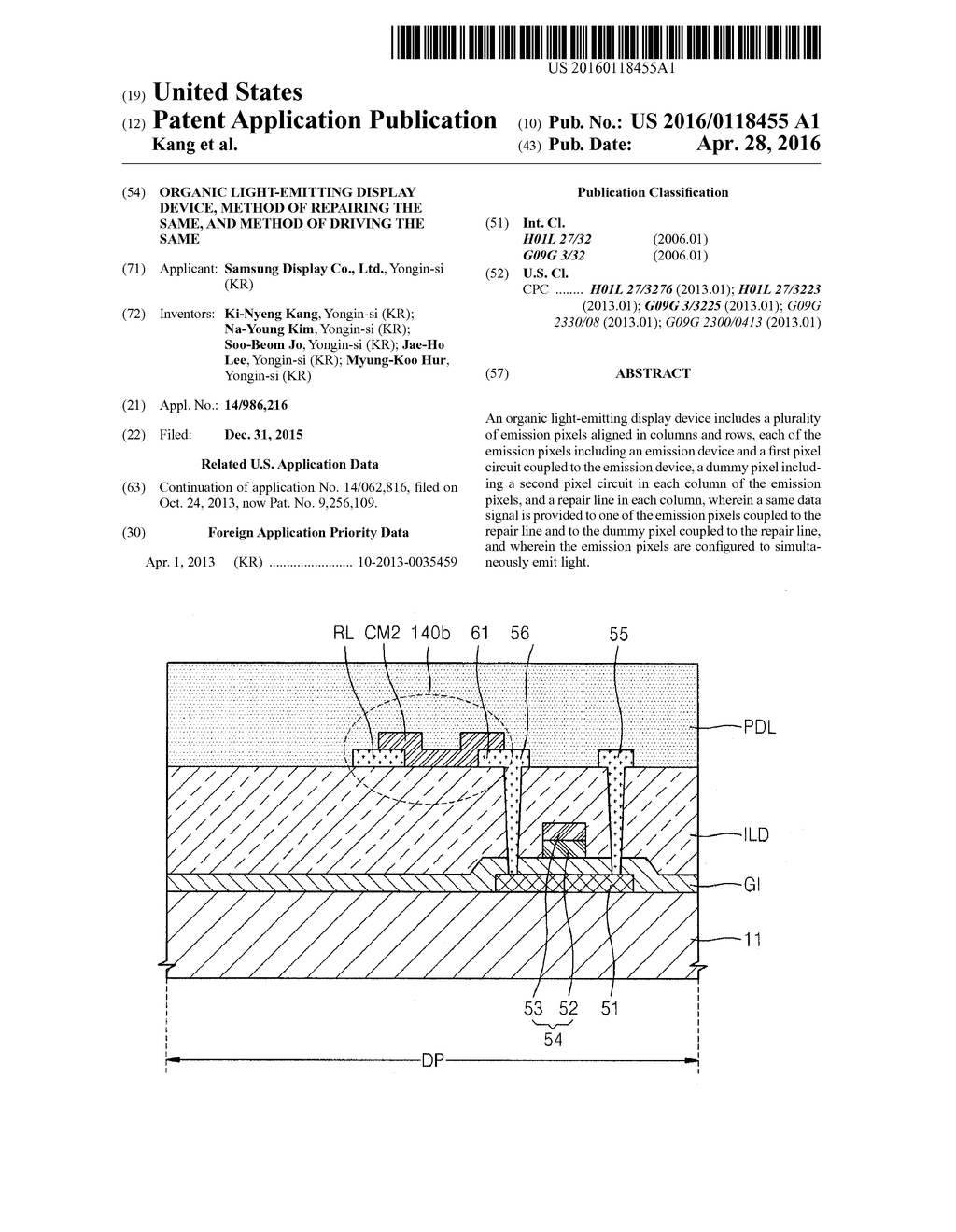 ORGANIC LIGHT-EMITTING DISPLAY DEVICE, METHOD OF REPAIRING THE SAME, AND     METHOD OF DRIVING THE SAME - diagram, schematic, and image 01