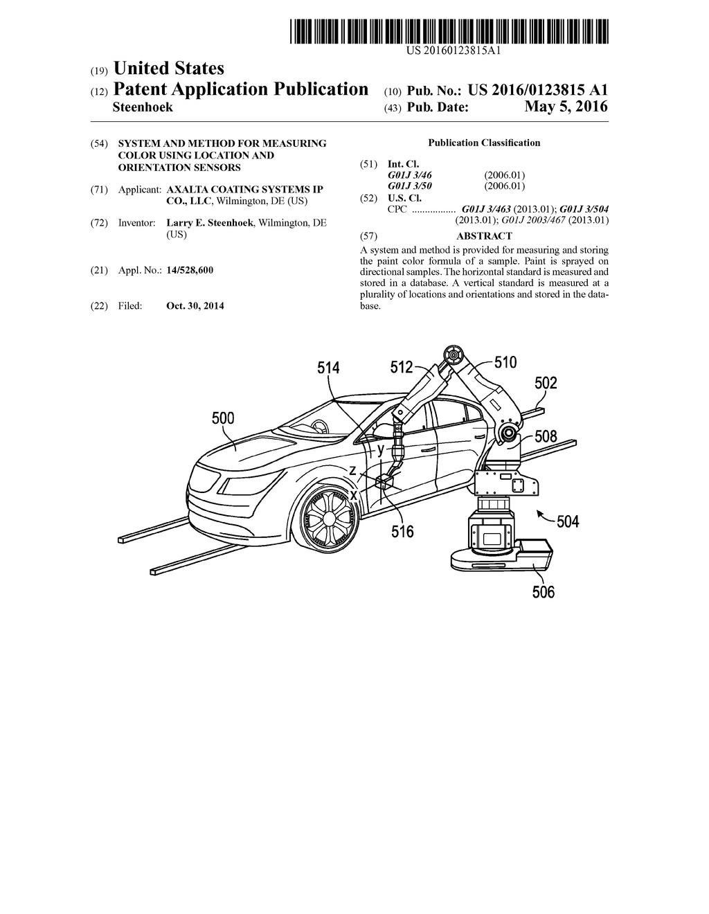 SYSTEM AND METHOD FOR MEASURING COLOR USING LOCATION AND ORIENTATION     SENSORS - diagram, schematic, and image 01