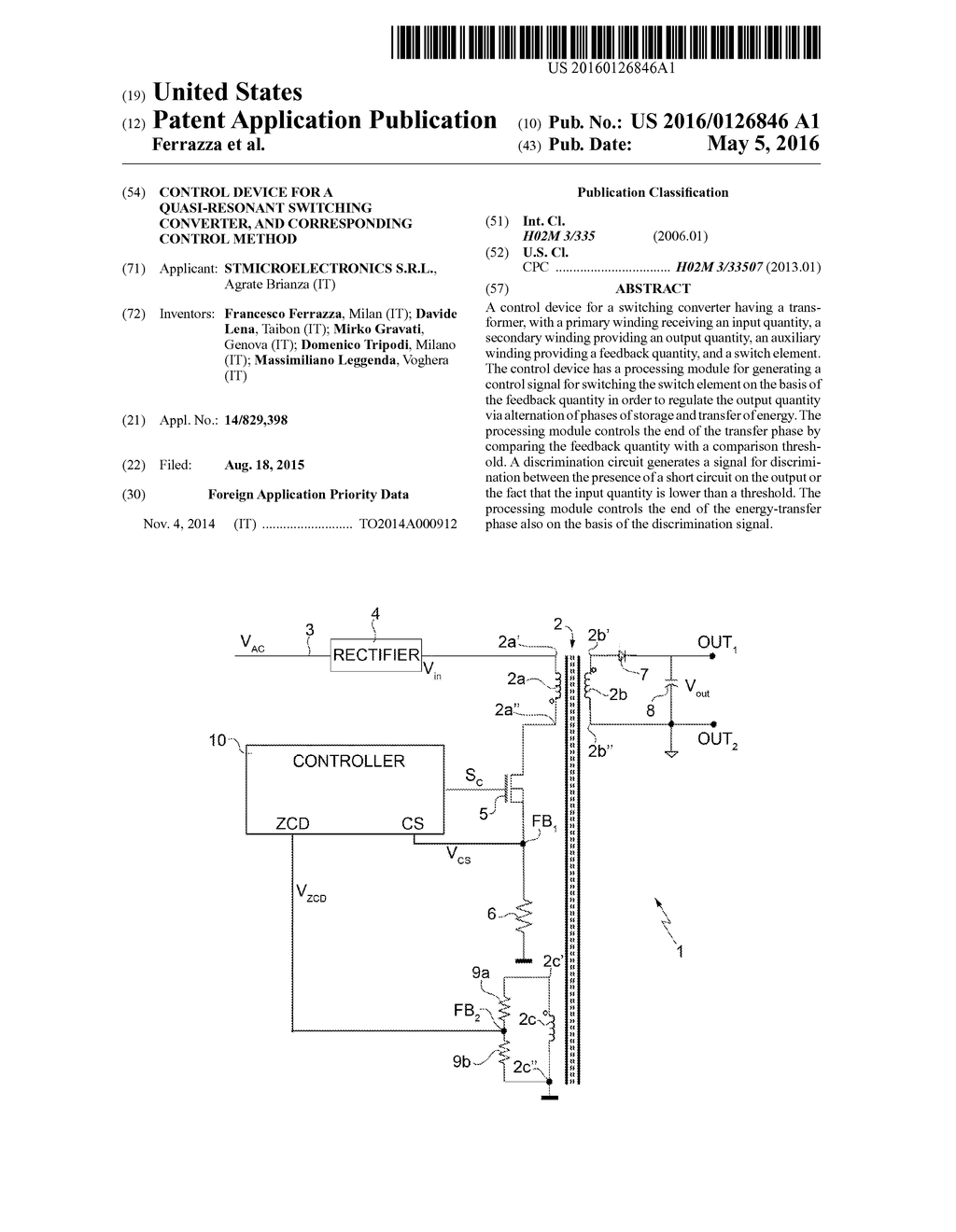 CONTROL DEVICE FOR A QUASI-RESONANT SWITCHING CONVERTER, AND CORRESPONDING     CONTROL METHOD - diagram, schematic, and image 01