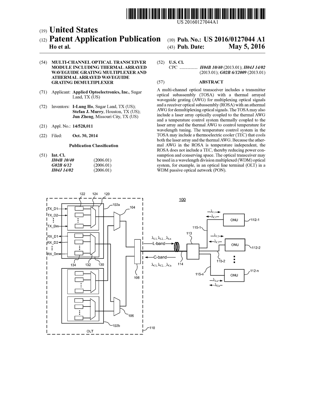 MULTI-CHANNEL OPTICAL TRANSCEIVER MODULE INCLUDING THERMAL ARRAYED     WAVEGUIDE GRATING MULTIPLEXER AND ATHERMAL ARRAYED WAVEGUIDE GRATING     DEMULTIPLEXER - diagram, schematic, and image 01