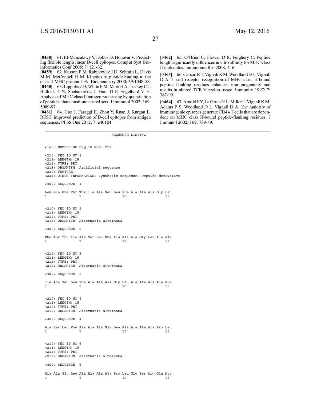 T CELL EPITOPES DERIVED FROM ALT A 1 OR ALT A 5 FOR THE TREATMENT OF     ALTERNARIA ALTERNATA ALLERGY - diagram, schematic, and image 48