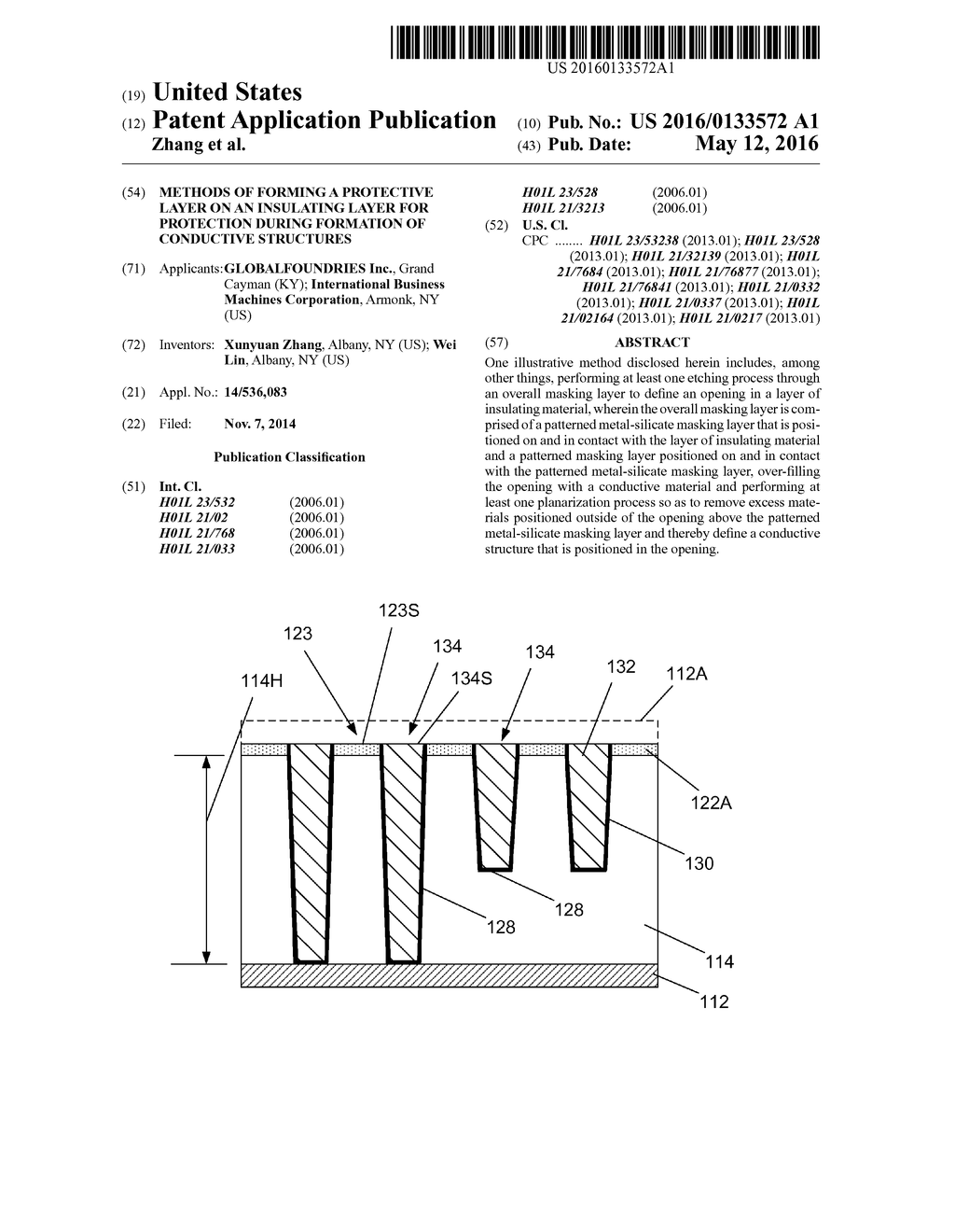 METHODS OF FORMING A PROTECTIVE LAYER ON AN INSULATING LAYER FOR     PROTECTION DURING FORMATION OF CONDUCTIVE STRUCTURES - diagram, schematic, and image 01