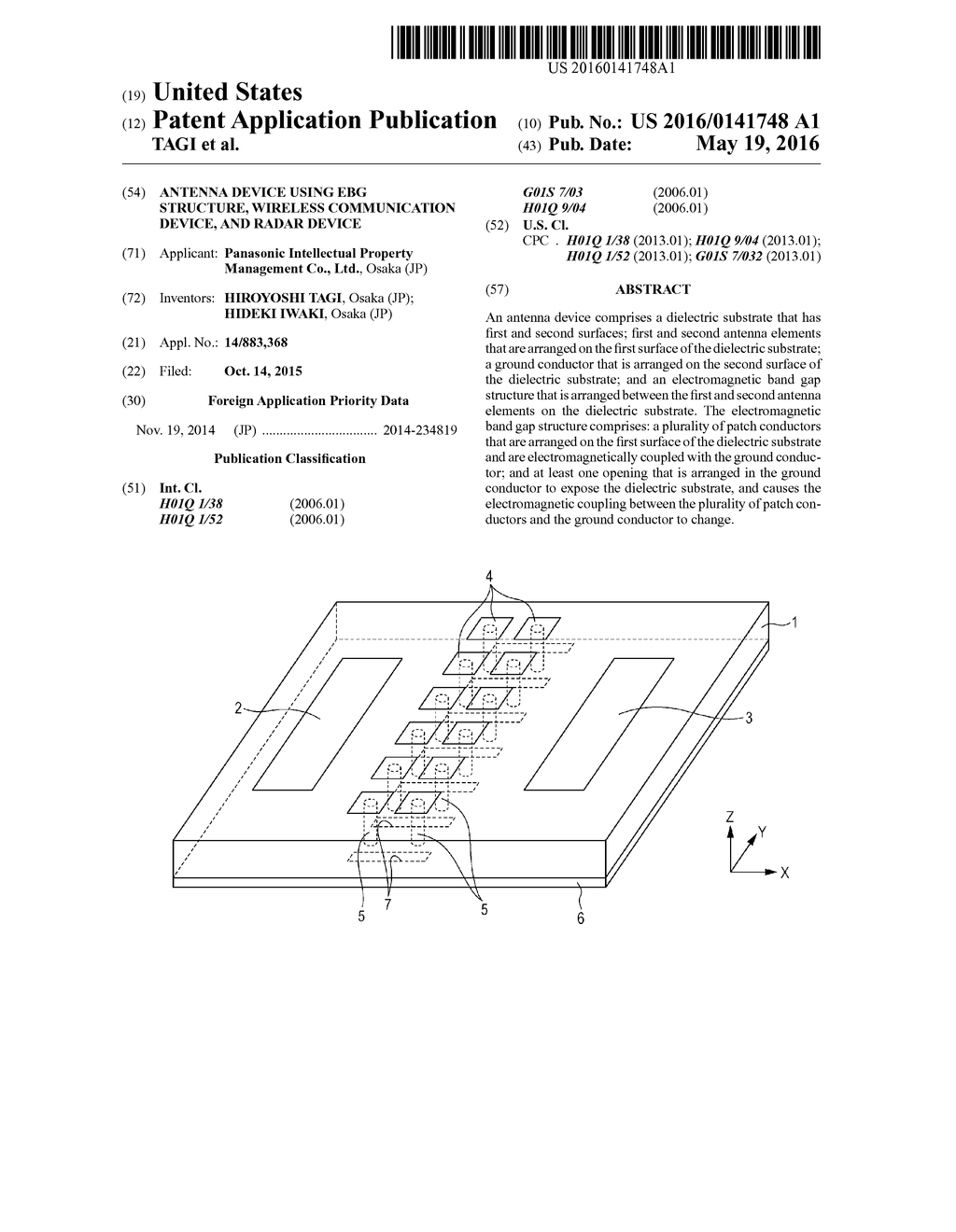 ANTENNA DEVICE USING EBG STRUCTURE, WIRELESS COMMUNICATION DEVICE, AND     RADAR DEVICE - diagram, schematic, and image 01