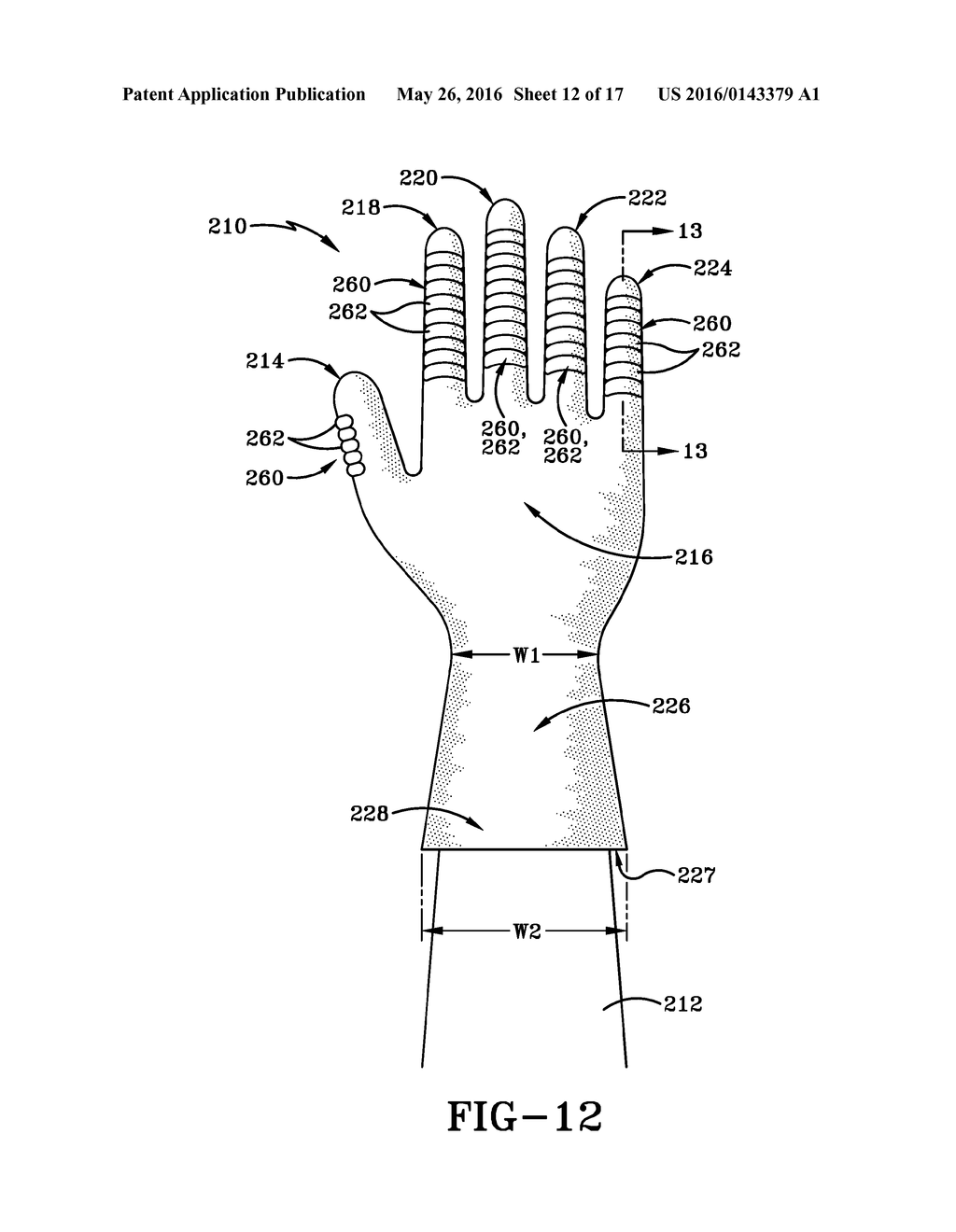 GLOVE HAVING A WIDENED CUFF AND WITH FINGER REGIONS THAT INCLUDE A     FLEXIBLE HINGE REGION - diagram, schematic, and image 13