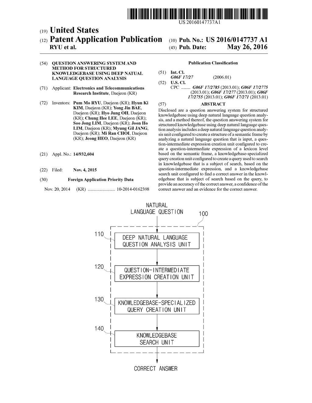 QUESTION ANSWERING SYSTEM AND METHOD FOR STRUCTURED KNOWLEDGEBASE USING     DEEP NATUAL LANGUAGE QUESTION ANALYSIS - diagram, schematic, and image 01