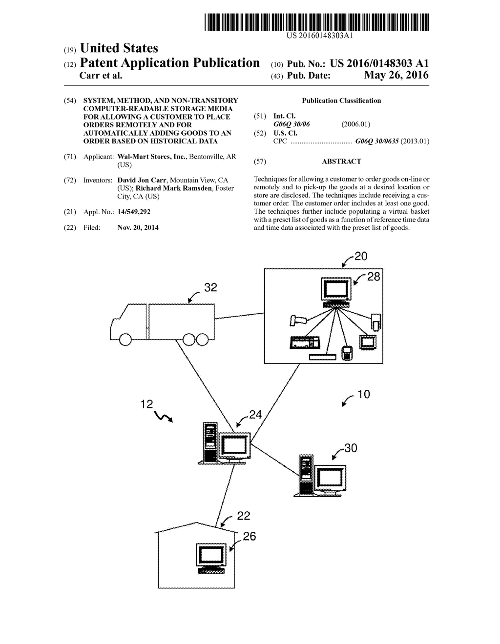 SYSTEM, METHOD, AND NON-TRANSITORY COMPUTER-READABLE STORAGE MEDIA FOR     ALLOWING A CUSTOMER TO PLACE ORDERS REMOTELY AND FOR AUTOMATICALLY ADDING     GOODS TO AN ORDER BASED ON HISTORICAL DATA - diagram, schematic, and image 01