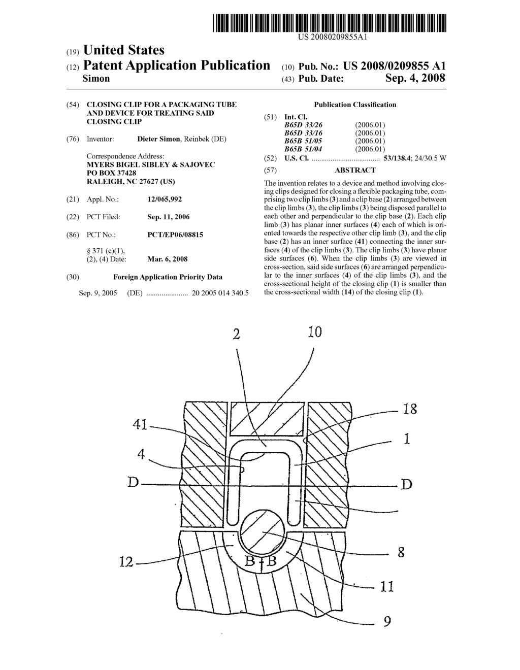 Closing Clip for a Packaging Tube and Device for Treating Said Closing Clip - diagram, schematic, and image 01