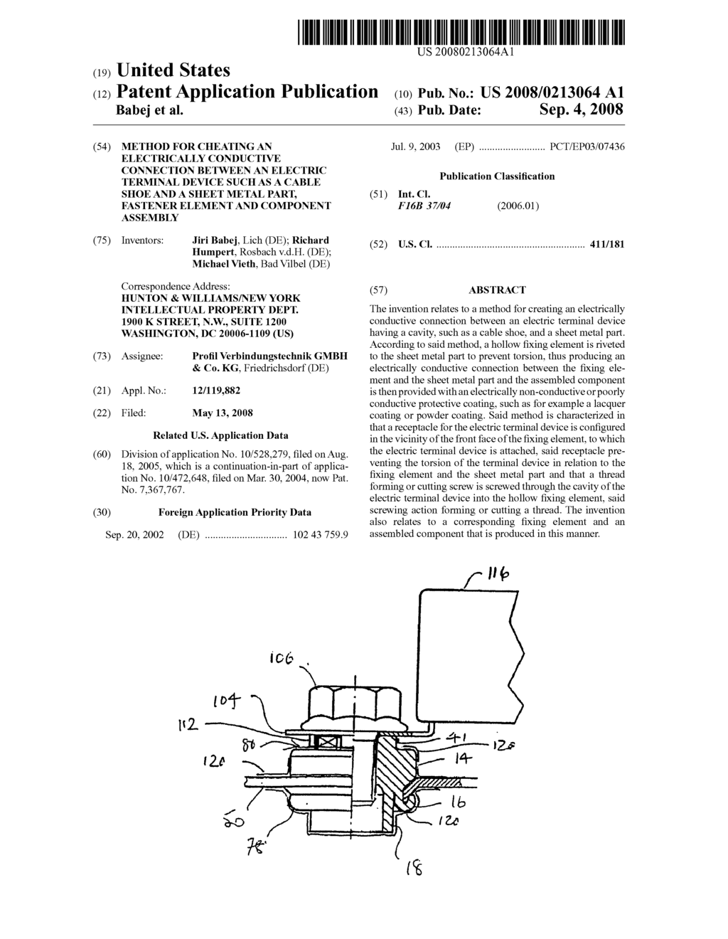 METHOD FOR CHEATING AN ELECTRICALLY CONDUCTIVE CONNECTION BETWEEN AN ELECTRIC TERMINAL DEVICE SUCH AS A CABLE SHOE AND A SHEET METAL PART, FASTENER ELEMENT AND COMPONENT ASSEMBLY - diagram, schematic, and image 01