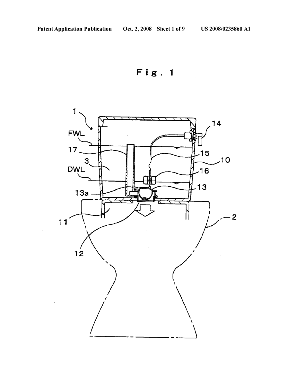 Toilet bowl flushing water tank device - diagram, schematic, and image 02