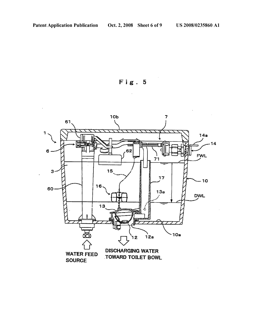 Toilet bowl flushing water tank device - diagram, schematic, and image 07