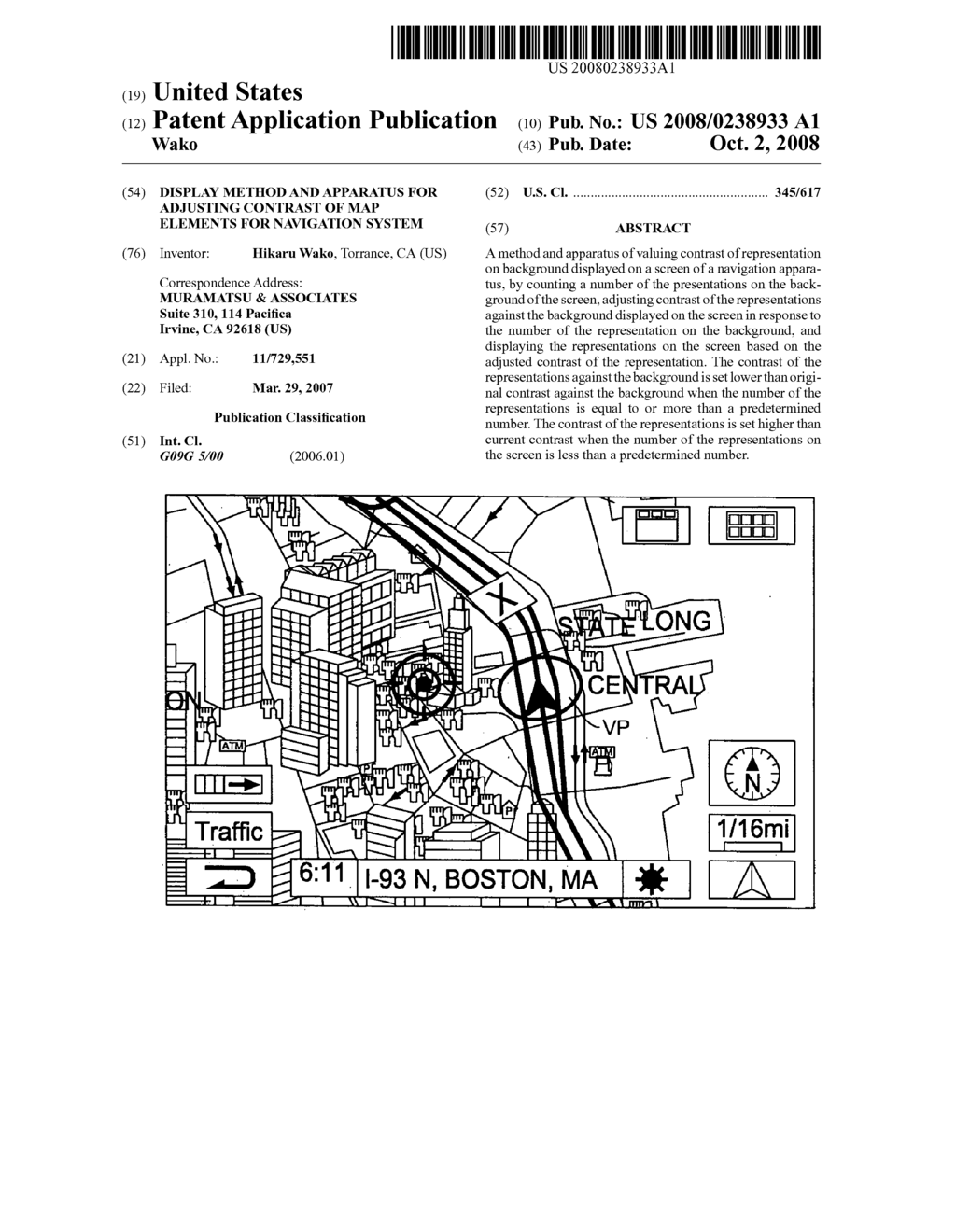 Display method and apparatus for adjusting contrast of map elements for navigation system - diagram, schematic, and image 01