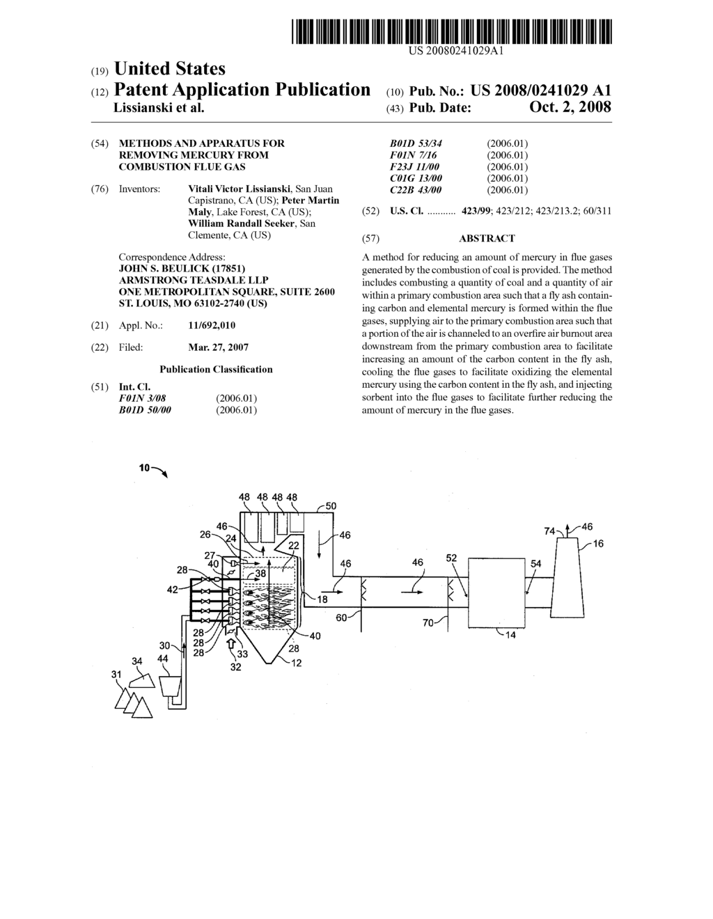 METHODS AND APPARATUS FOR REMOVING MERCURY FROM COMBUSTION FLUE GAS - diagram, schematic, and image 01