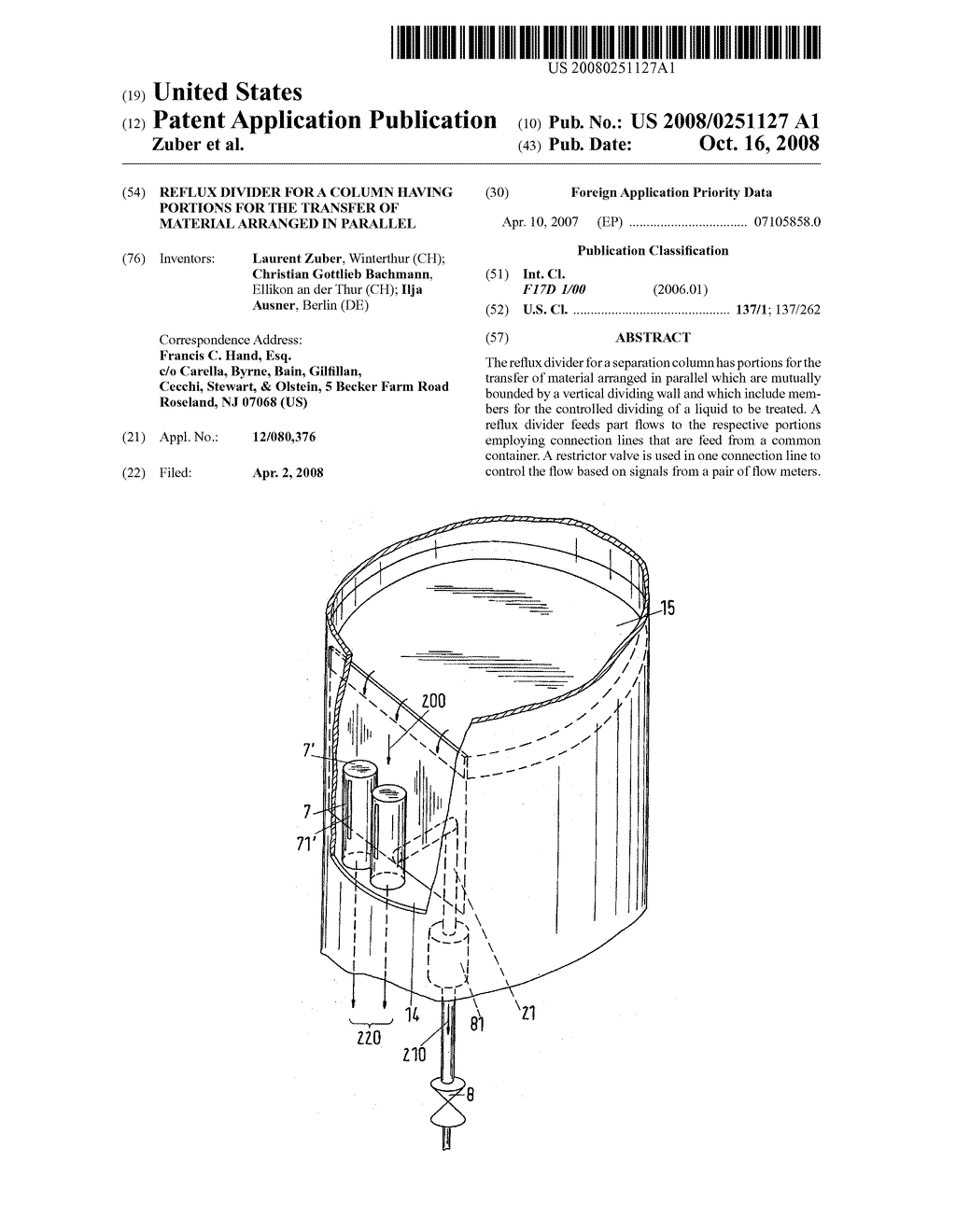 Reflux divider for a column having portions for the transfer of material arranged in parallel - diagram, schematic, and image 01