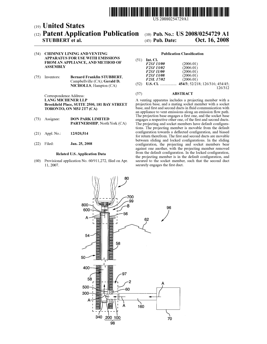 CHIMNEY LINING AND VENTING APPARATUS FOR USE WITH EMISSIONS FROM AN APPLIANCE, AND METHOD OF ASSEMBLY - diagram, schematic, and image 01