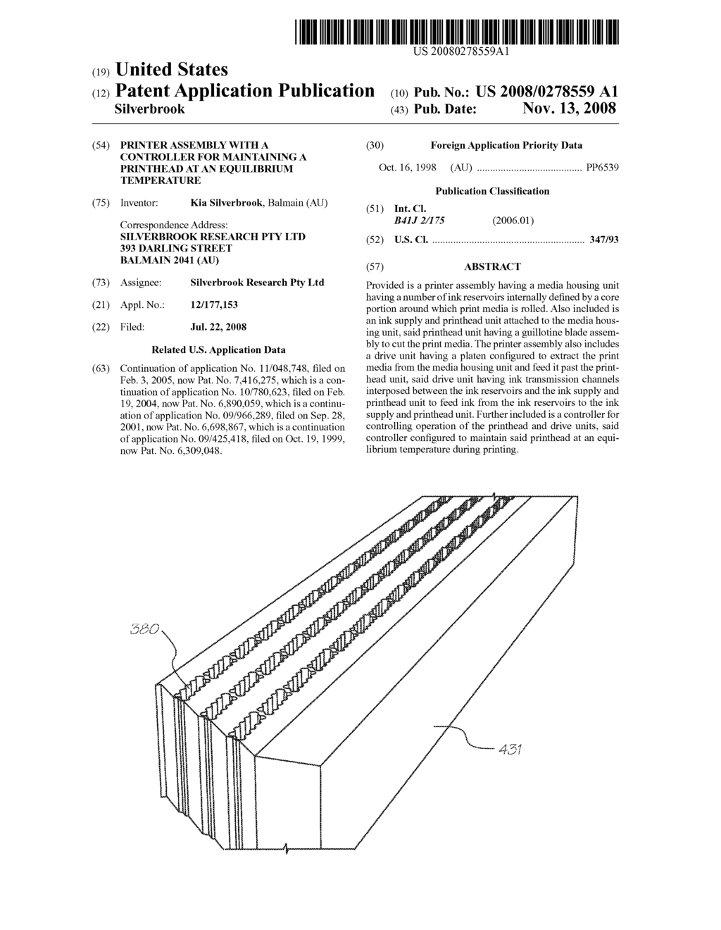 PRINTER ASSEMBLY WITH A CONTROLLER FOR MAINTAINING A PRINTHEAD AT AN EQUILIBRIUM TEMPERATURE - diagram, schematic, and image 01