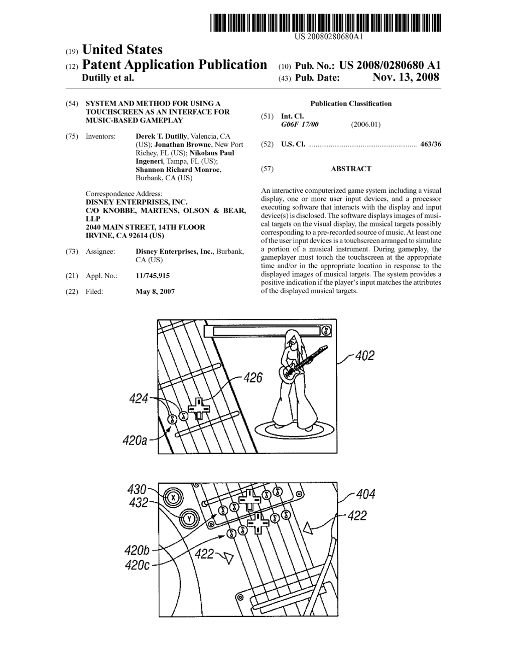 SYSTEM AND METHOD FOR USING A TOUCHSCREEN AS AN INTERFACE FOR MUSIC-BASED GAMEPLAY - diagram, schematic, and image 01