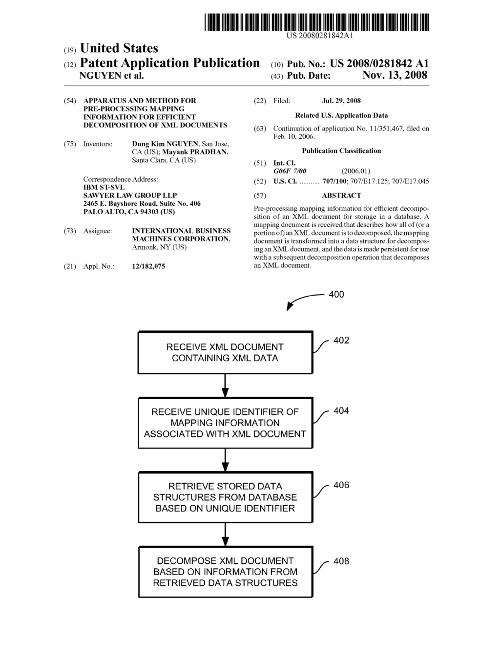 APPARATUS AND METHOD FOR PRE-PROCESSING MAPPING INFORMATION FOR EFFICIENT DECOMPOSITION OF XML DOCUMENTS - diagram, schematic, and image 01